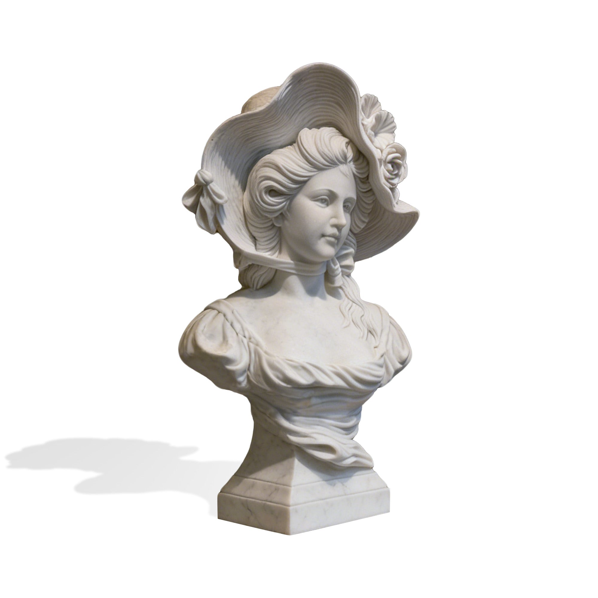 Marble woman bust sculpture side view, elegant female statue with flowing hair and hat detail, classical marble sculpture for luxury home decor