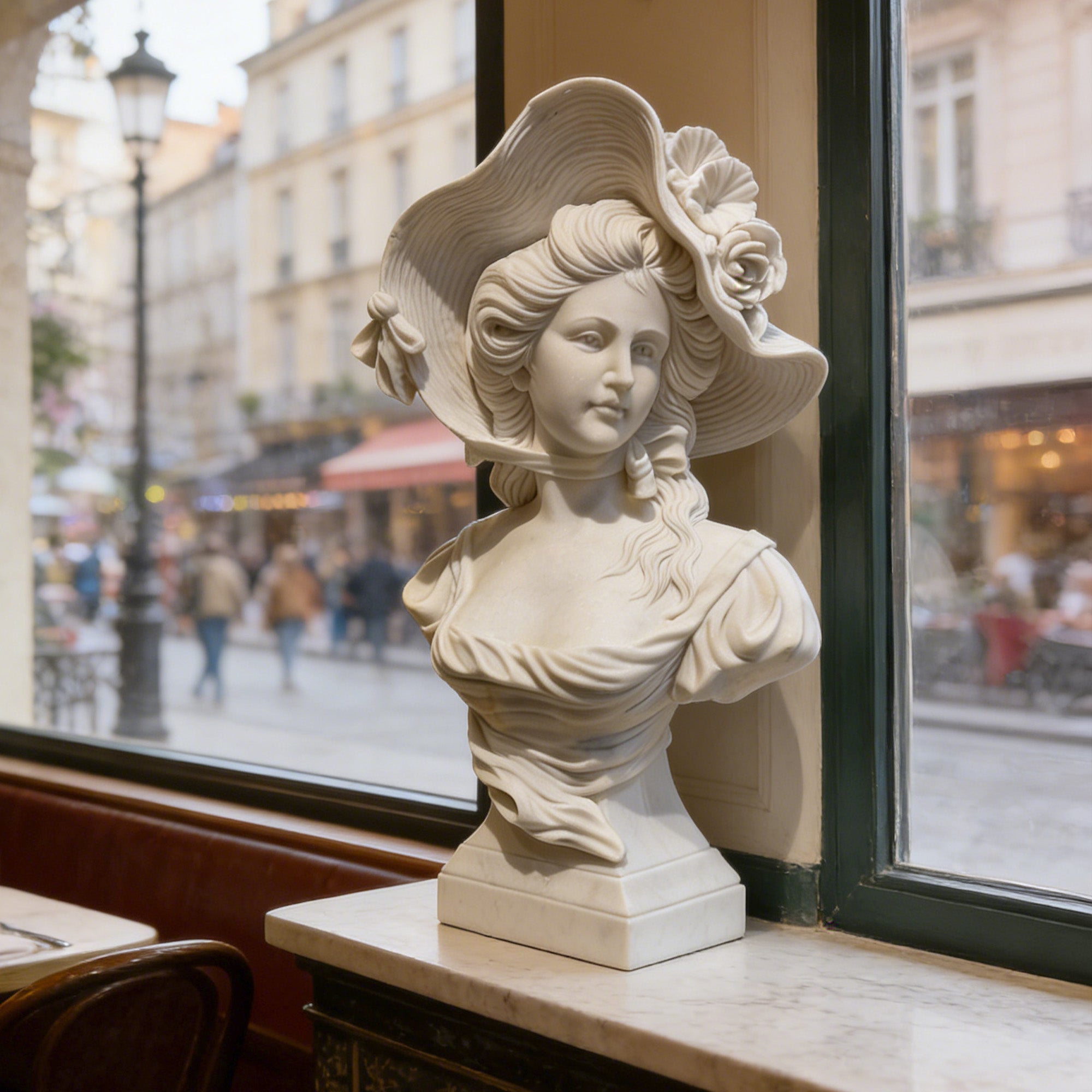 White marble lady bust statue placed on indoor table by window, classical female sculpture for luxury home decor, living room, cafe, and interior styling