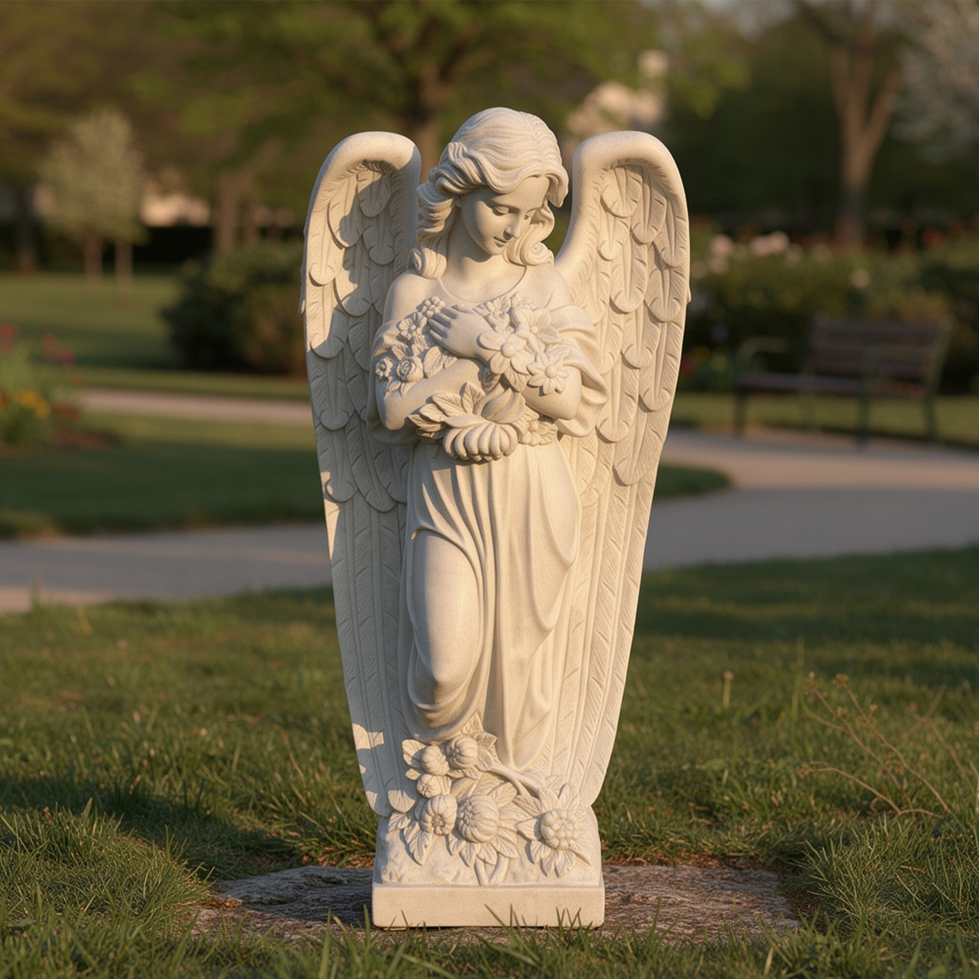 White marble memorial angel statue displayed outdoors on lawn, standing garden angel sculpture with wings and floral detail for cemetery, remembrance garden, or grave decor