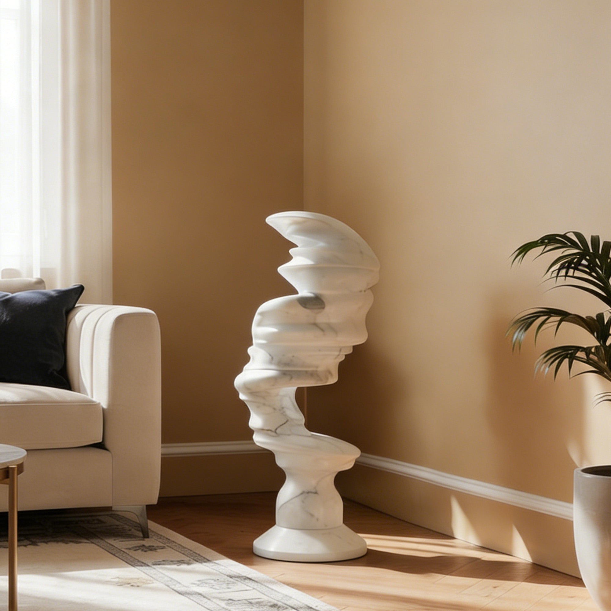 Modern Carrara marble abstract sculpture placed on floor in living room, sculptural art piece with flowing form for contemporary interior decor