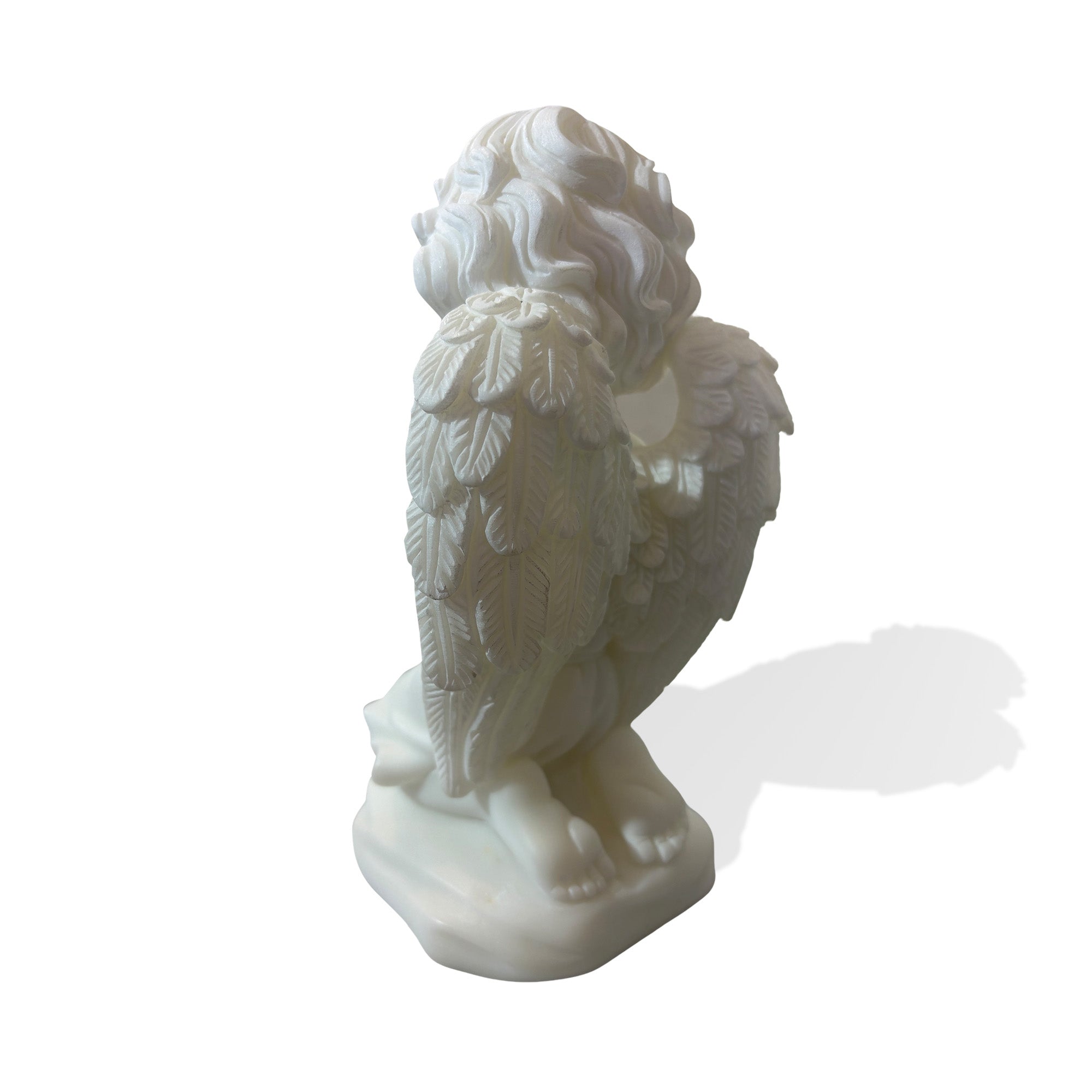marble cherub angel statue kneeling side back view, praying baby angel sculpture for cemetery, grave marker, and garden decor