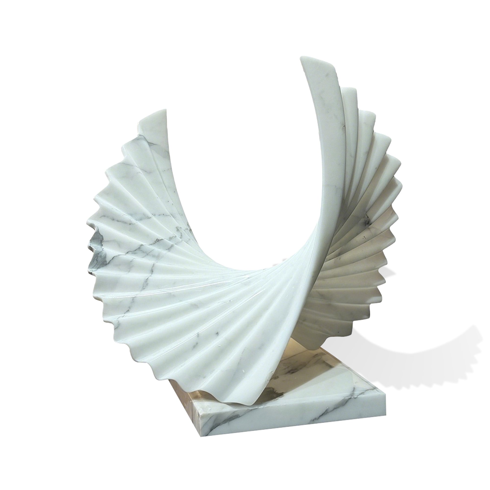 Carrara white marble abstract sculpture with sweeping fan form and curved open center, main view