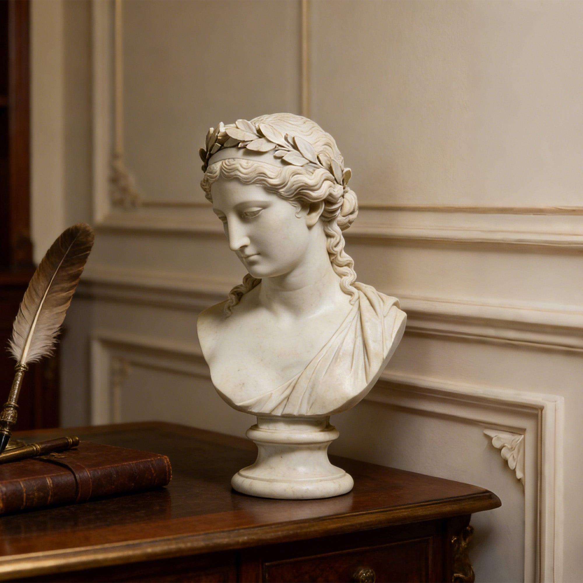 A marble bust of an ancient Greek-inspired woman with a laurel wreath, showcasing fine detailing in the facial features and draped fabric. Perfect for adding a touch of classical elegance to any space.