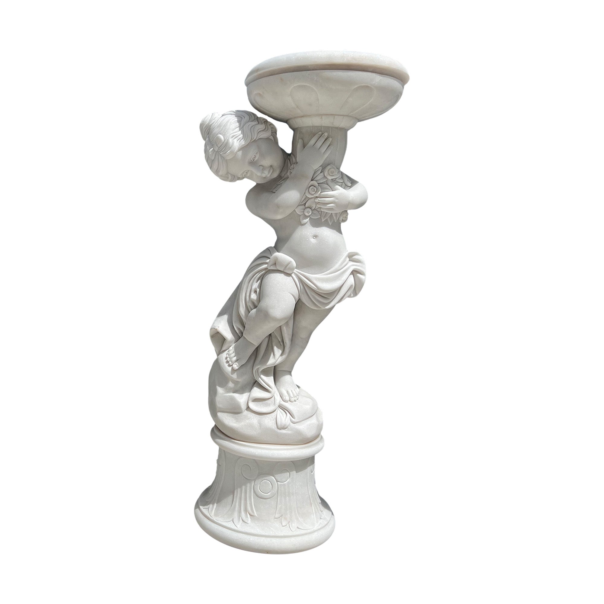 A marble sculpture of a child holding a plant pot with intricate details, ideal for garden or home decor.