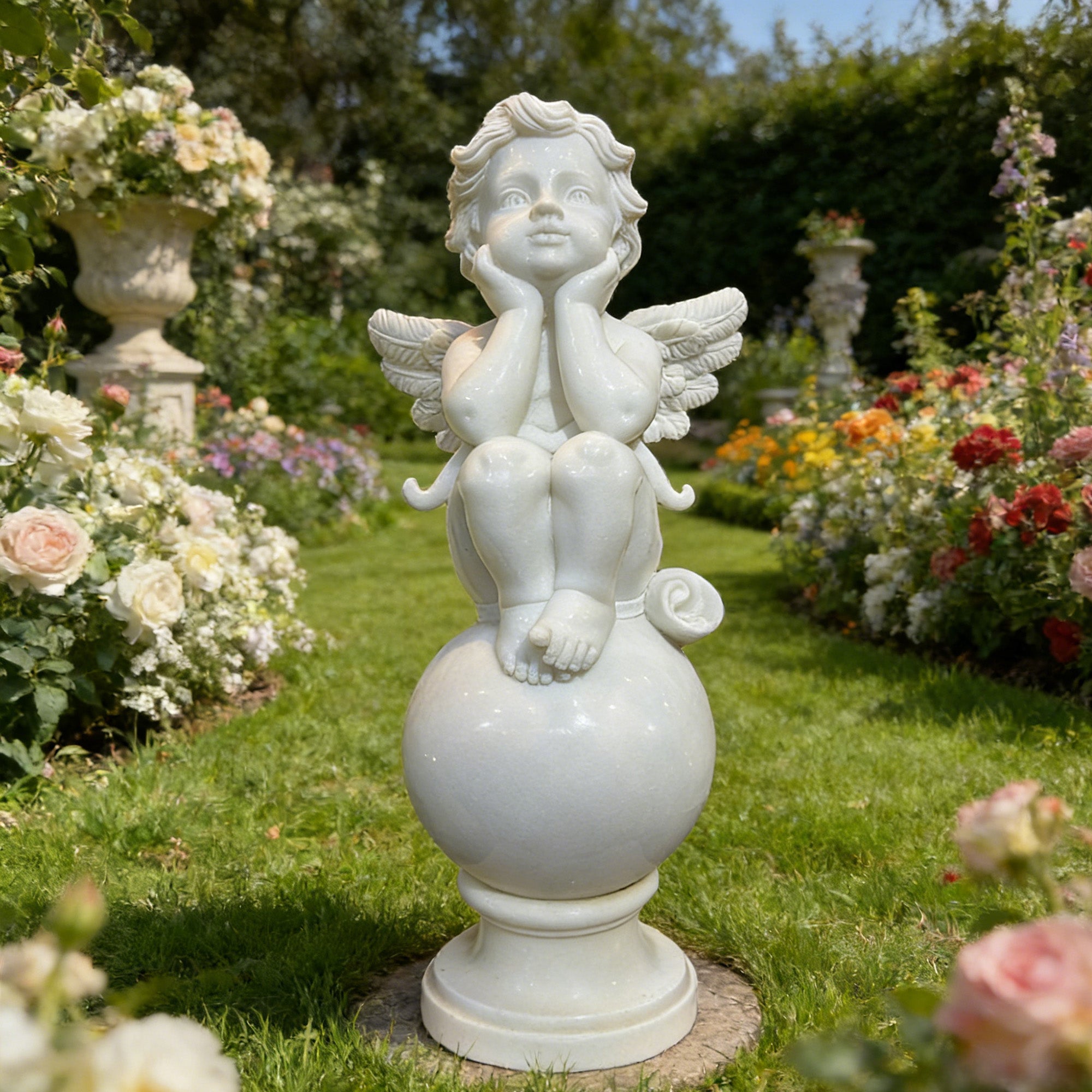 White marble cherub statue placed in a flower garden, seated on a sphere with pedestal base among blooming plants