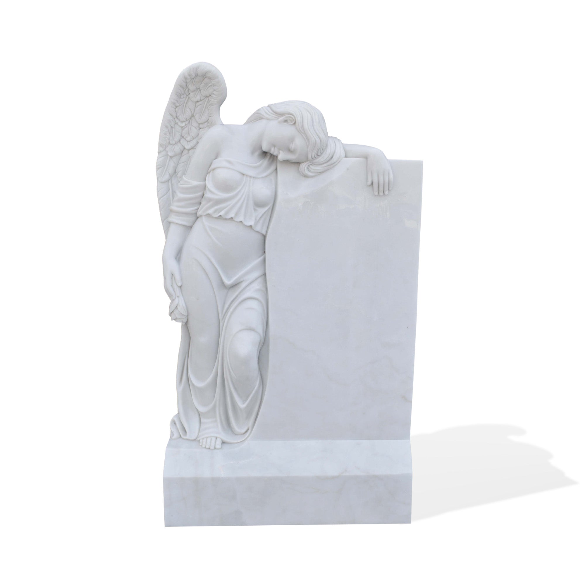 Front view of a white marble angel headstone memorial monument with inscription panel