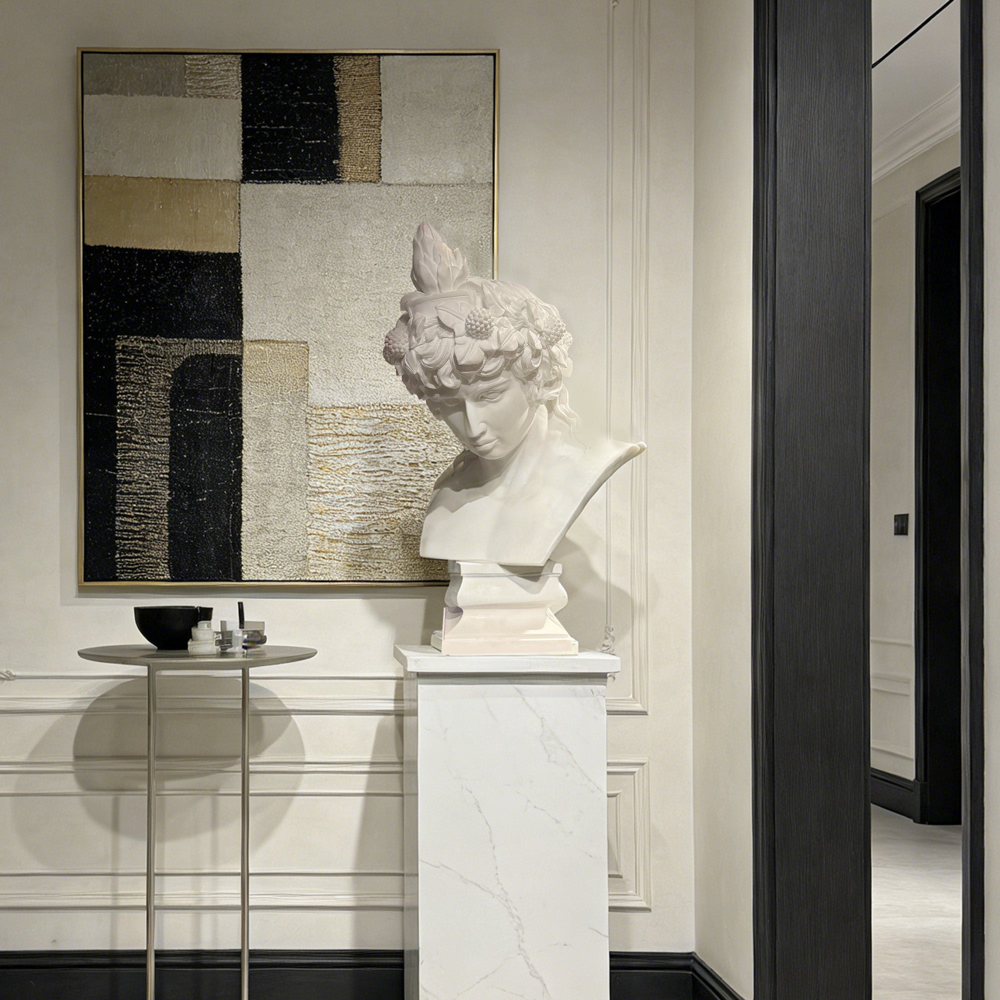 Antinous inspired marble bust sculpture displayed on pedestal in modern luxury interior with gallery style atmosphere