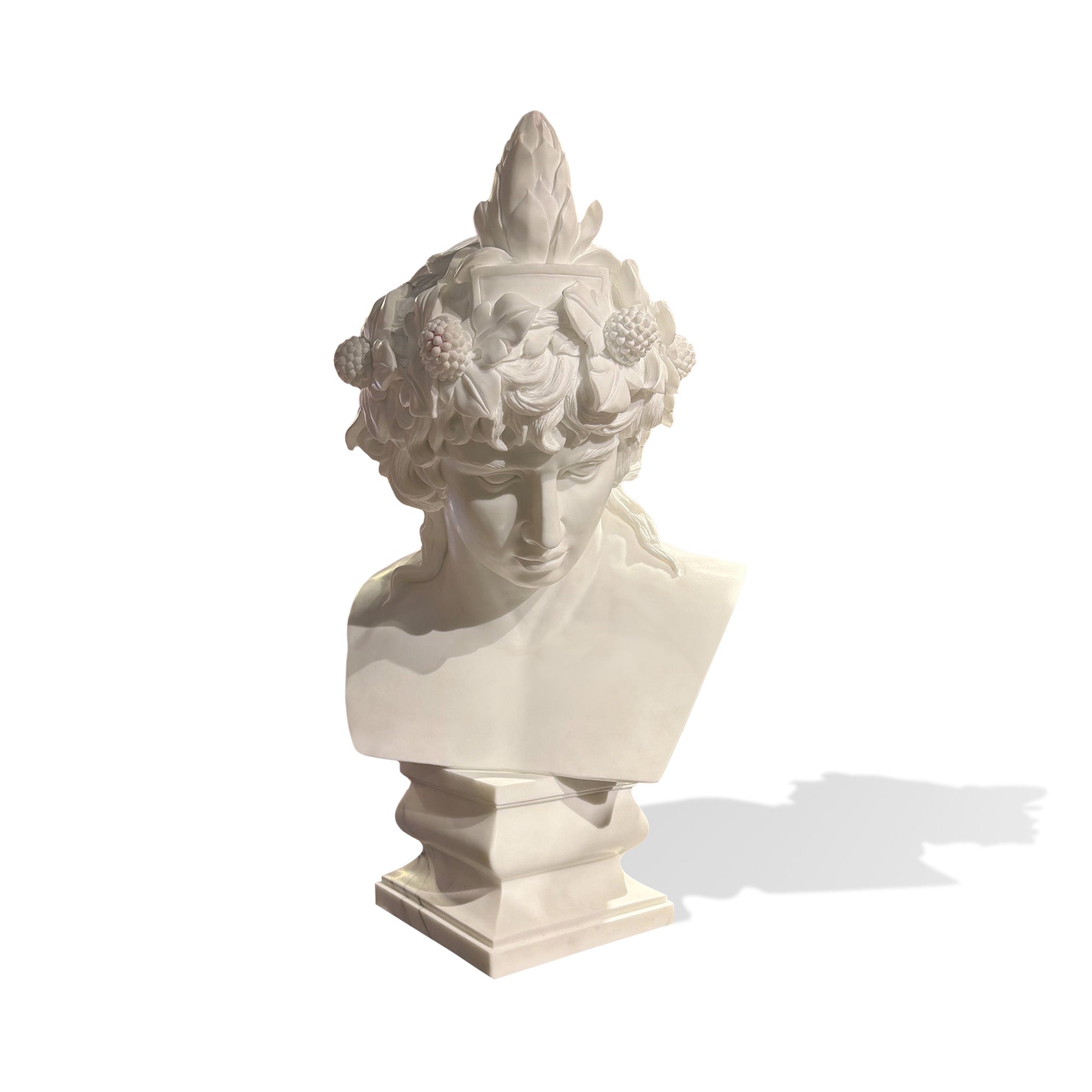 decorative Greek Roman style marble bust sculpture with botanical headpiece and calm downward gaze for luxury interior decor