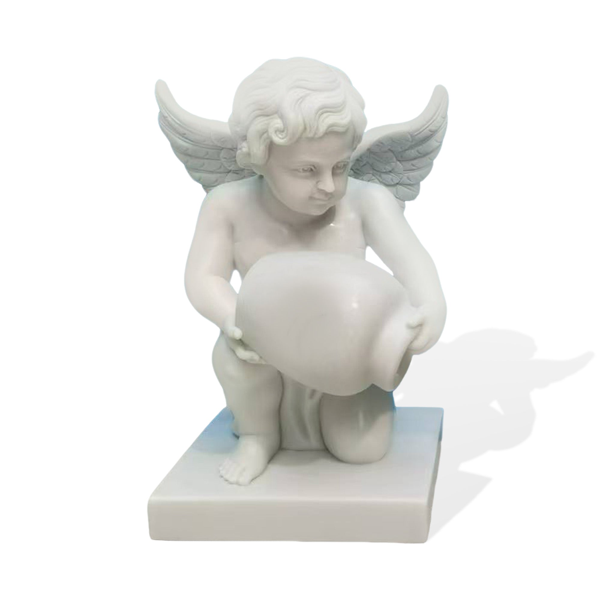 side angle of white marble angel fountain sculpture with flowing water jar and carved feather wings for garden water feature decor
