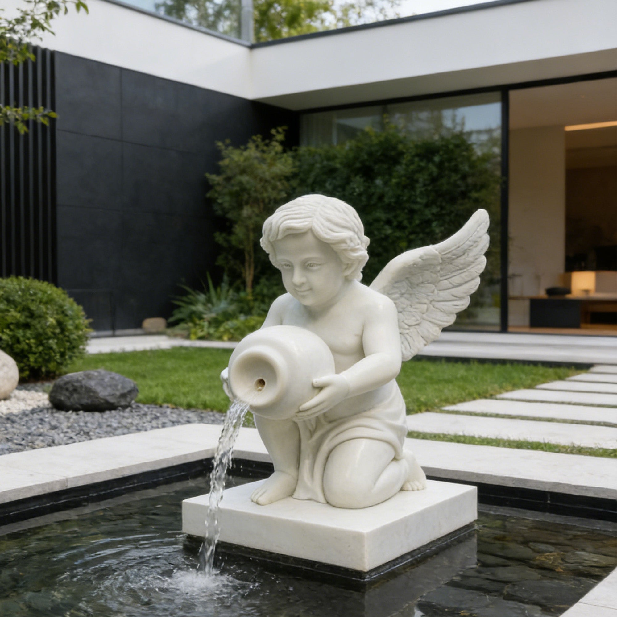 white natural marble angel fountain statue displayed in modern outdoor garden pool, decorative water feature sculpture for landscape design