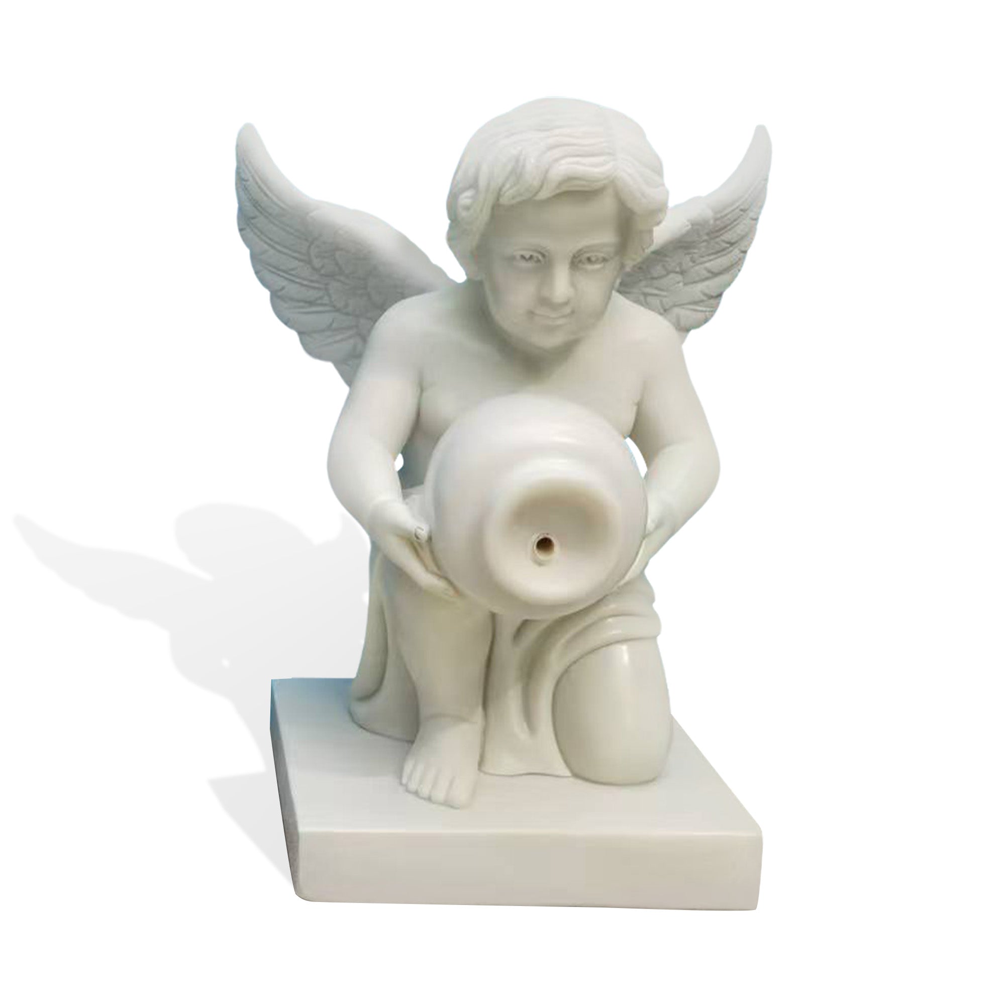front view of white natural marble angel fountain statue holding water vessel, hand carved outdoor decorative sculpture with detailed wings