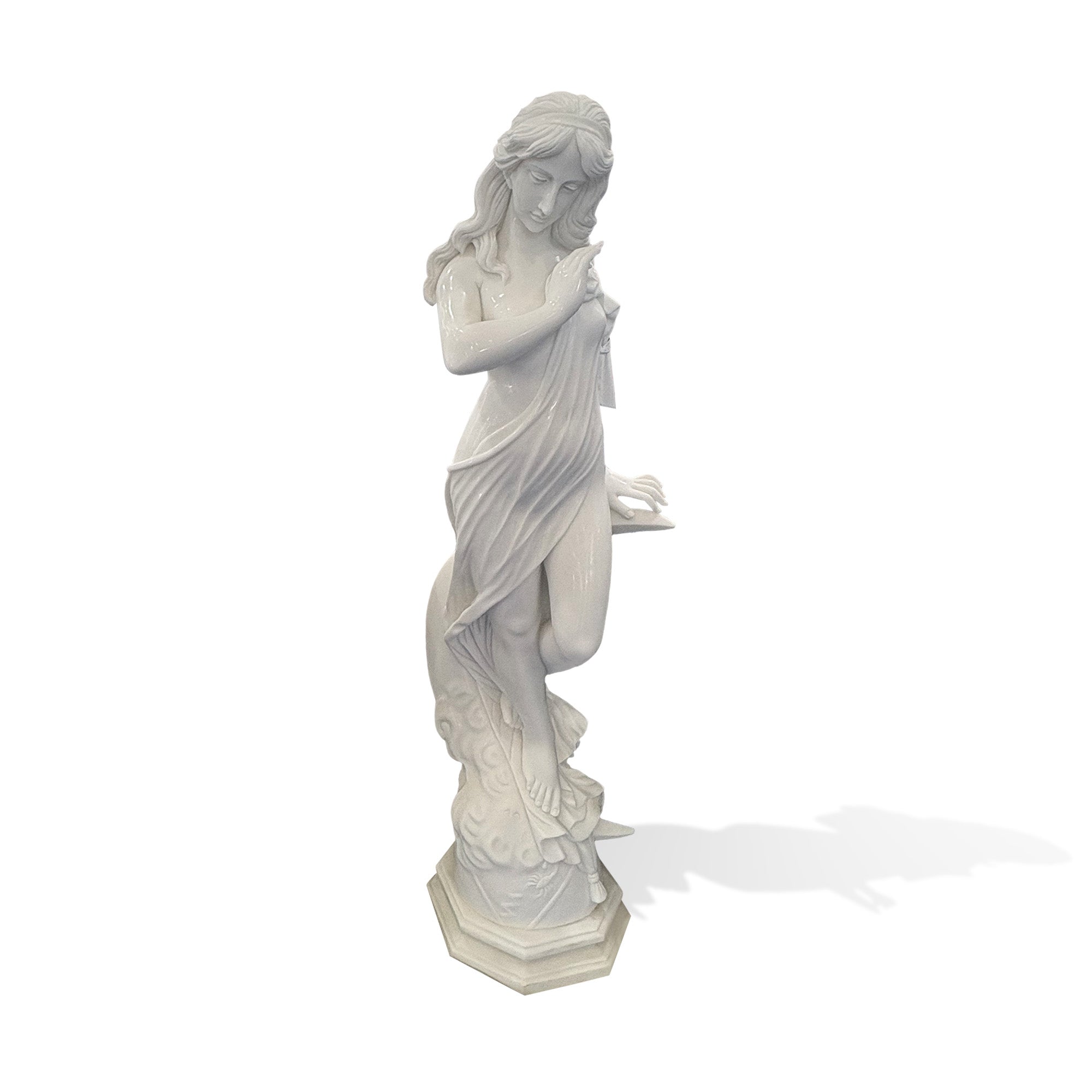 Hand carved white marble draped female statue with a graceful pose, flowing fabric details, and smooth natural white finish