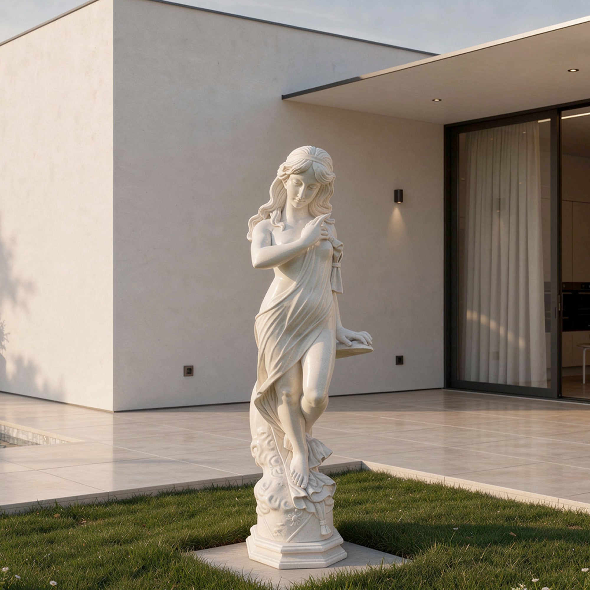 Luxury white marble female statue displayed in a modern villa garden, featuring flowing drapery and classical elegance for outdoor landscape decor