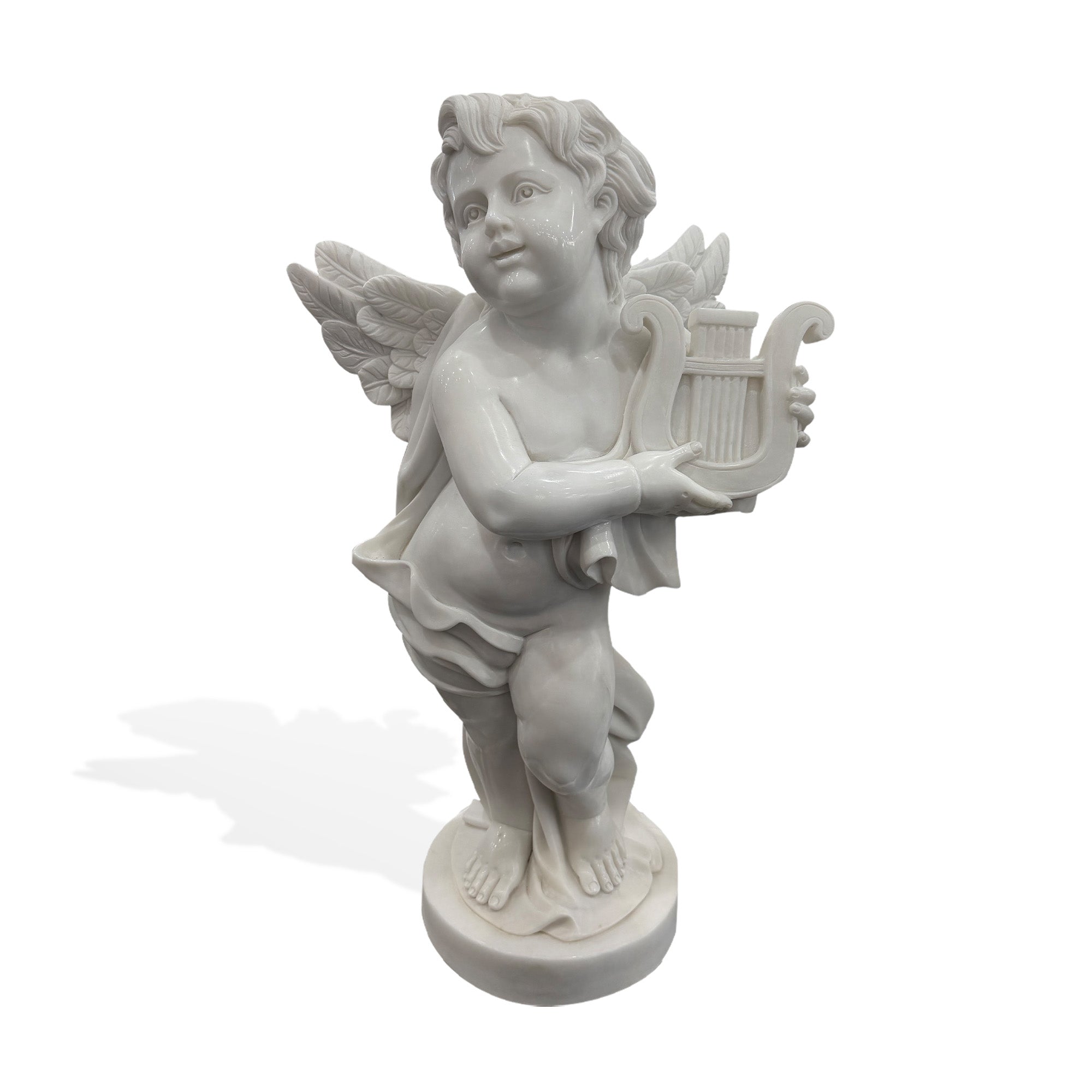 hand carved white natural marble cherub statue holding lyre with detailed wings and classical garden sculpture styling
