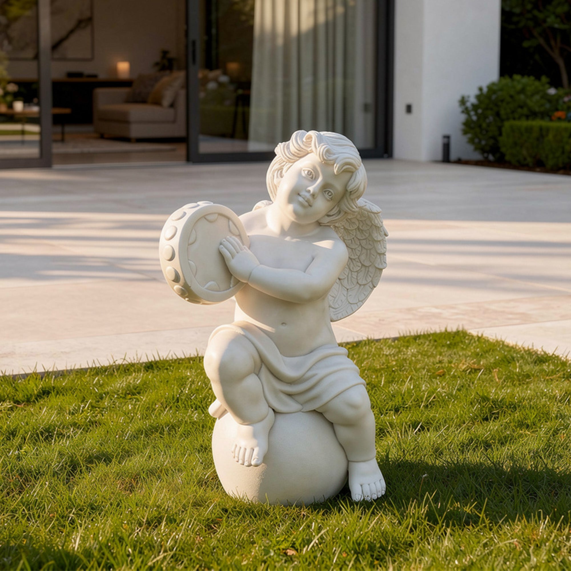 white natural marble cherub statue holding tambourine displayed on lawn in modern outdoor courtyard with warm natural sunlight