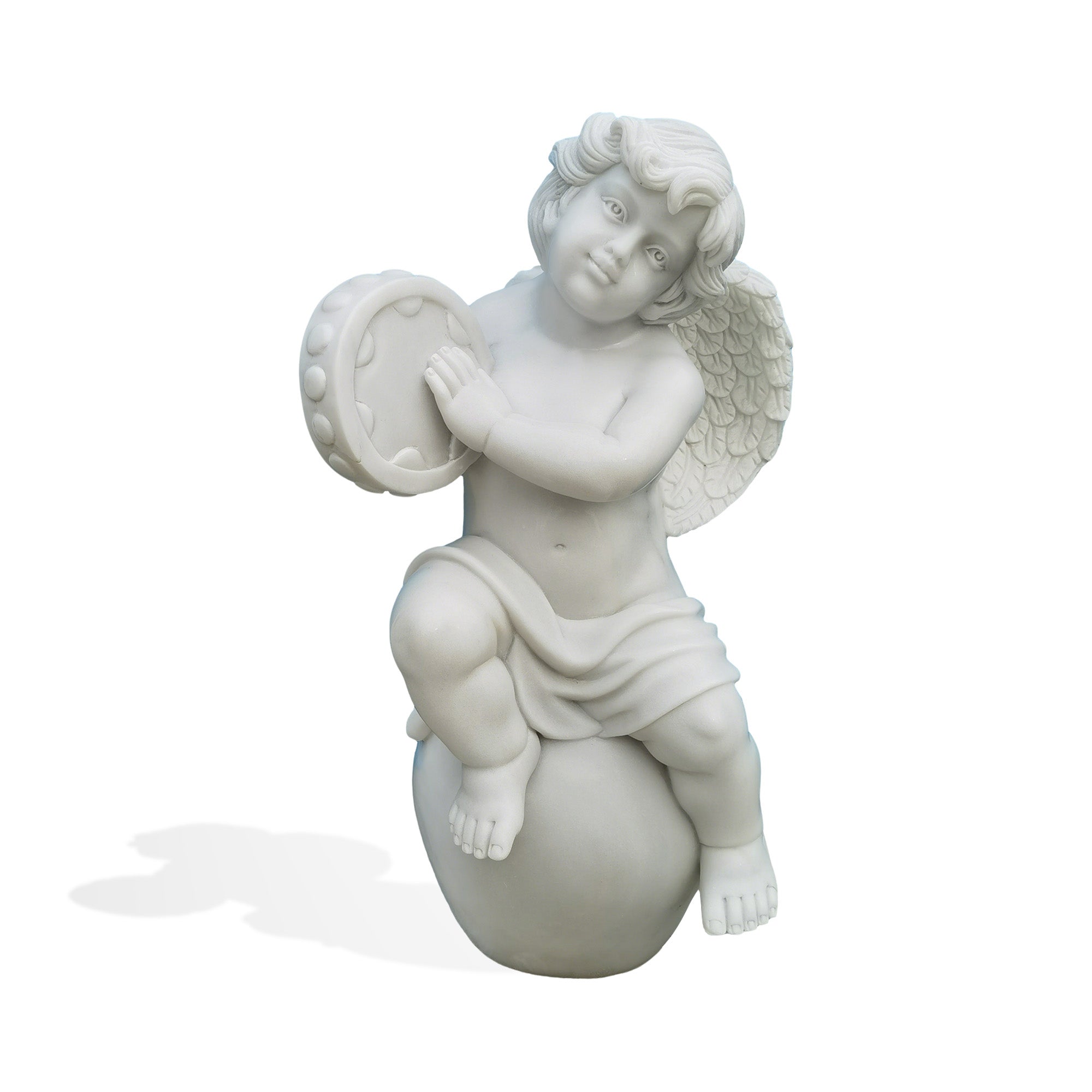 hand carved white natural marble cherub statue sitting on sphere and holding tambourine with detailed angel wings and musical theme