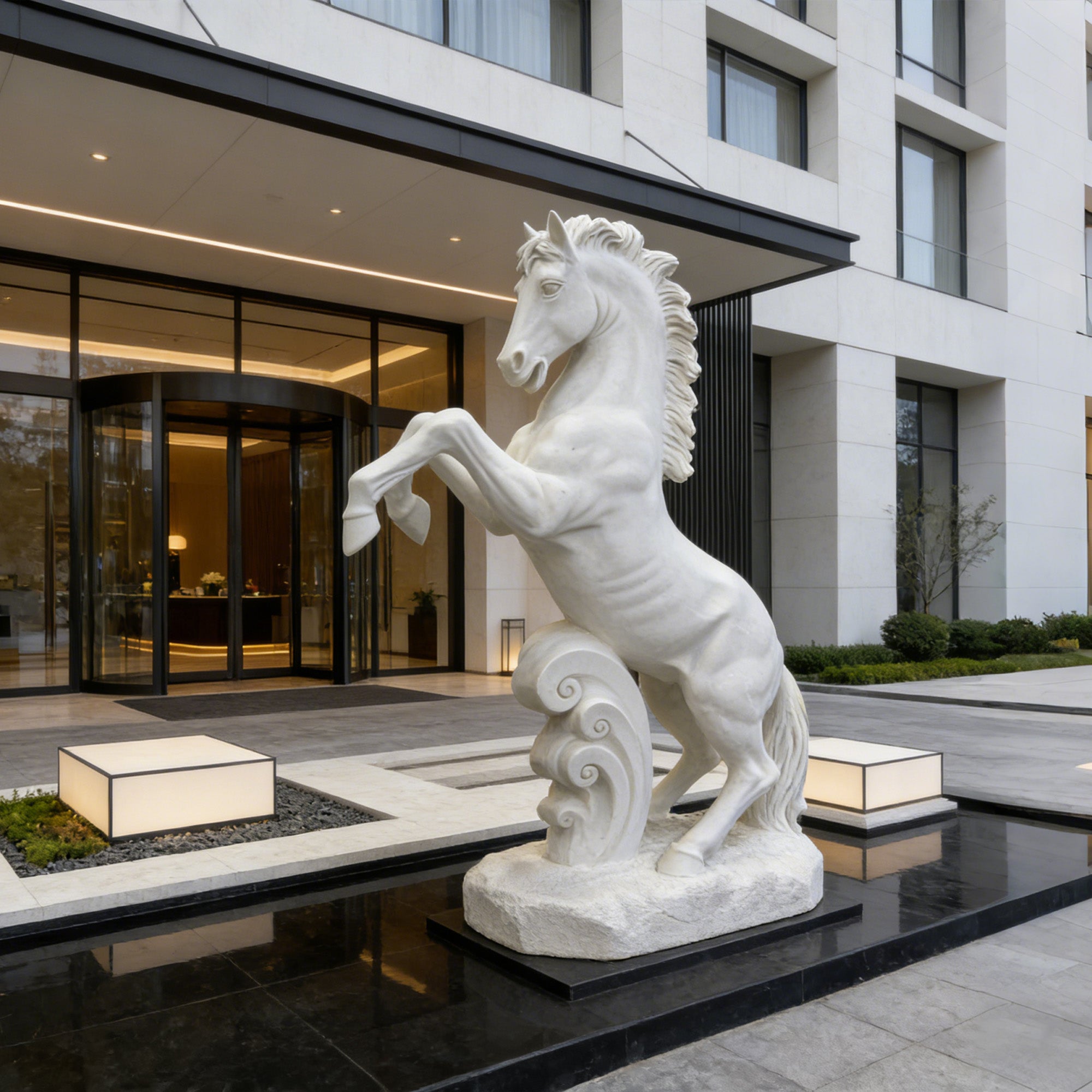 Luxury white marble rearing horse sculpture displayed at hotel entrance for outdoor courtyard and villa landscape decor