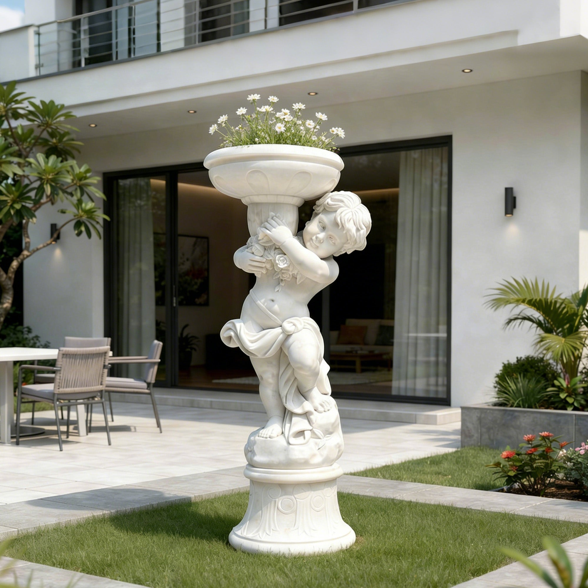 white natural marble little boy cherub planter statue for garden decor displayed in outdoor courtyard lawn beside modern villa patio landscape with flower planter bowl and decorative yard sculpture