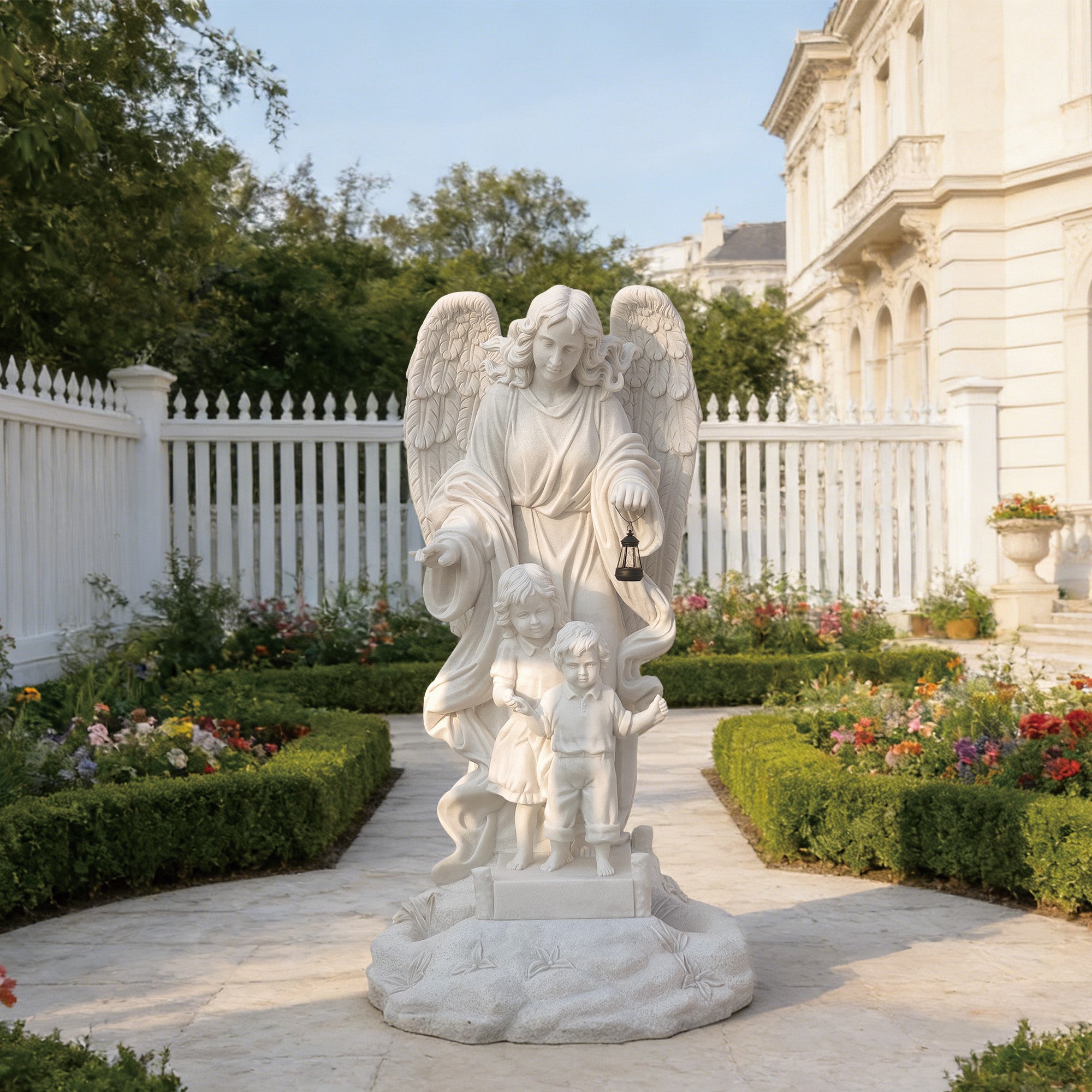 hand carved marble angel statue with two children placed in a landscaped garden, refined outdoor decorative sculpture with calm and gentle presence