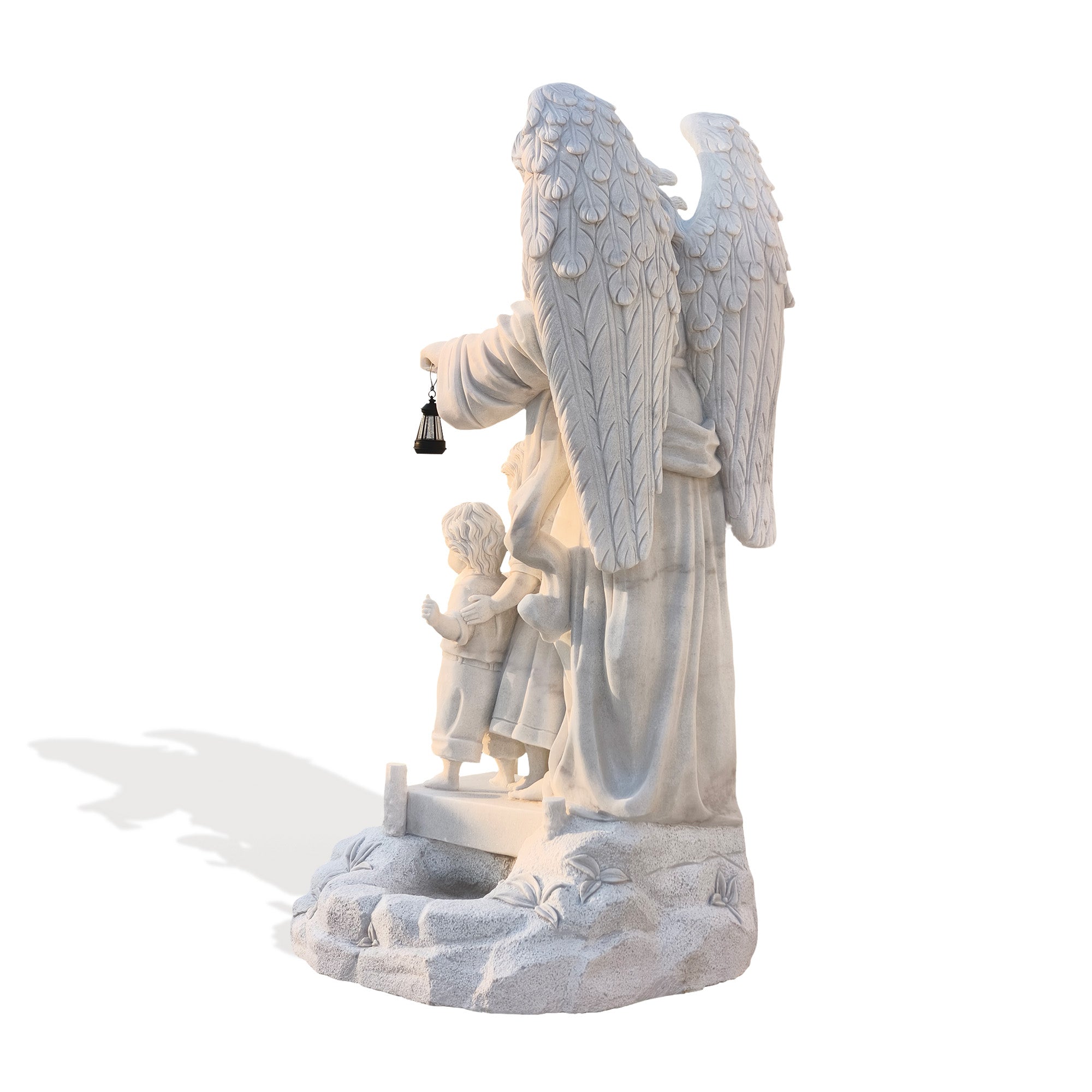 rear view of marble angel sculpture focusing on detailed wing carving and natural flow of draped garment