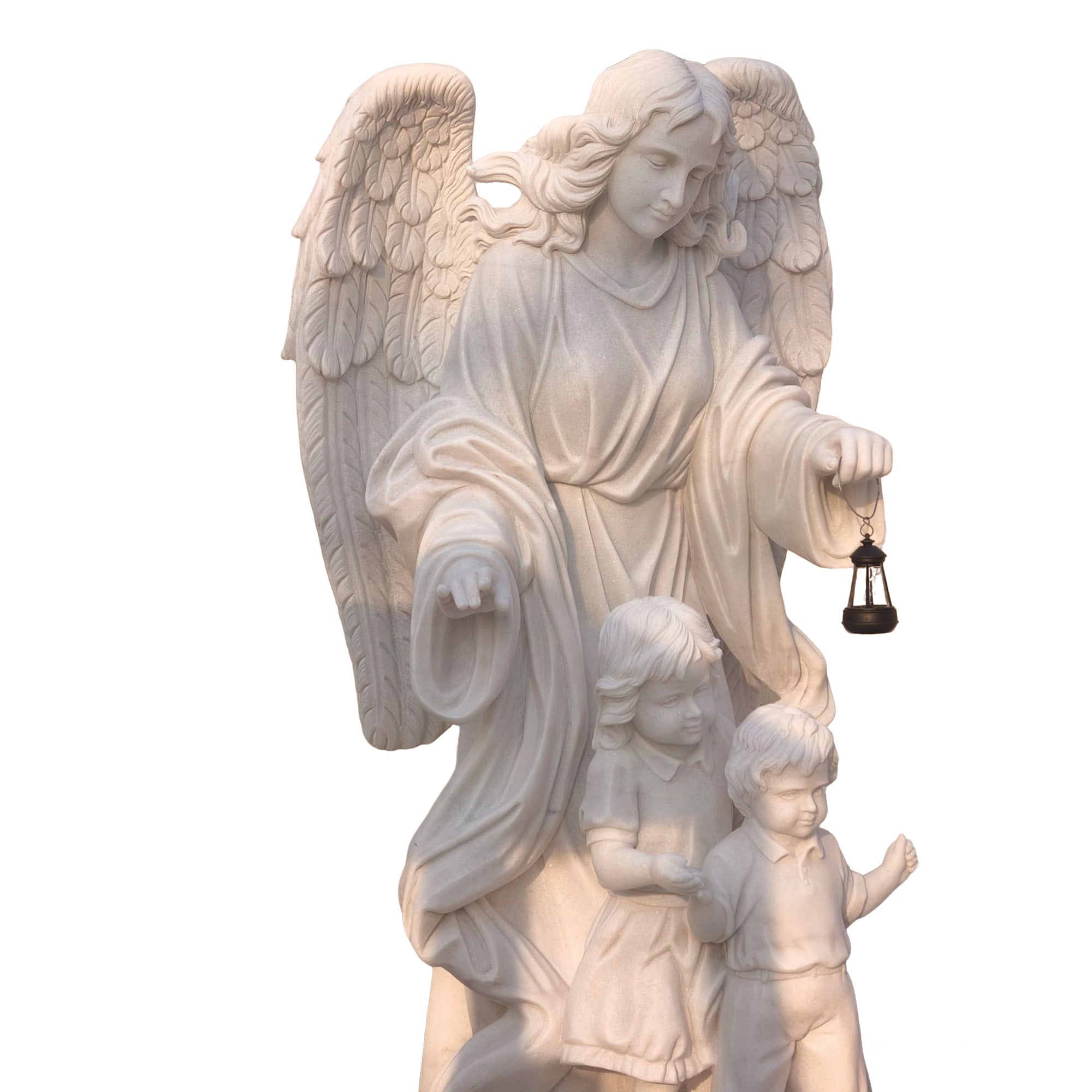 close up of marble angel sculpture highlighting smooth facial expression, layered feather wings and delicate lantern detail