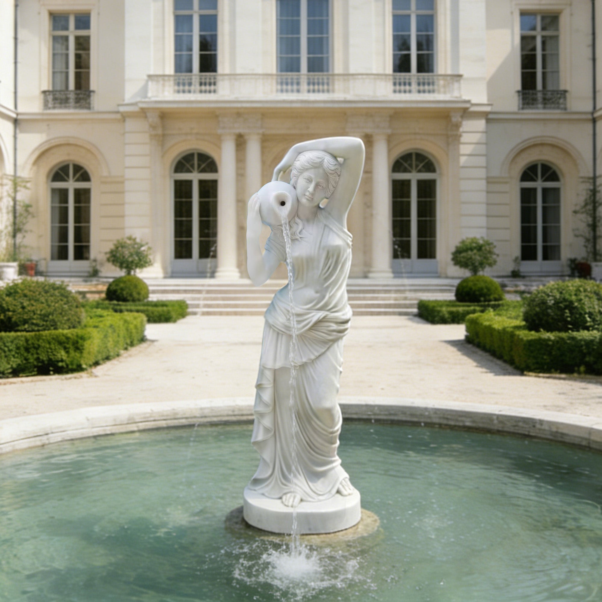 white marble woman holding vase fountain sculpture placed in an outdoor courtyard pool, elegant classical water feature for garden landscape decoration