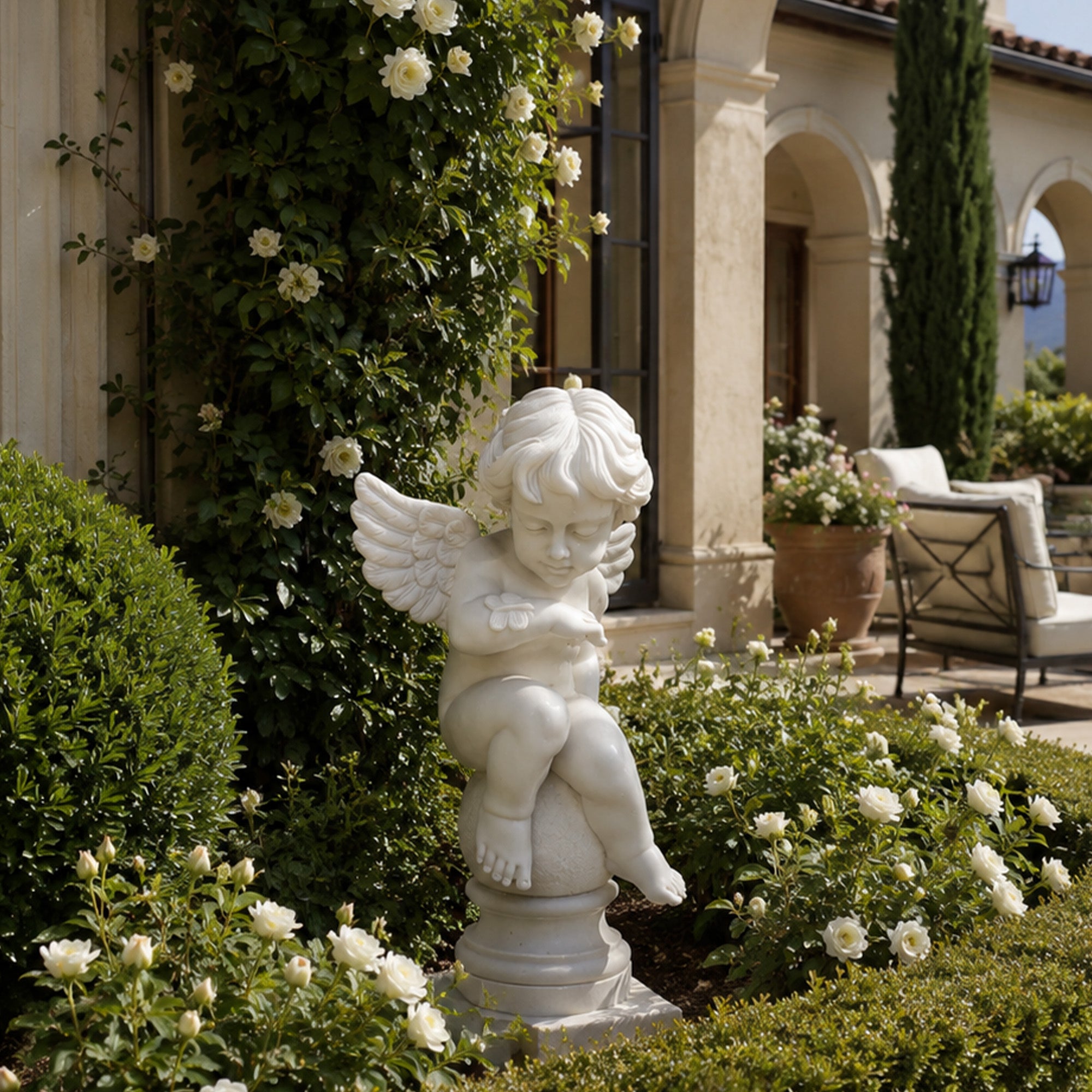 White marble cherub angel statue watching a small butterfly on his hand in a rose garden for outdoor villa courtyard and patio decor