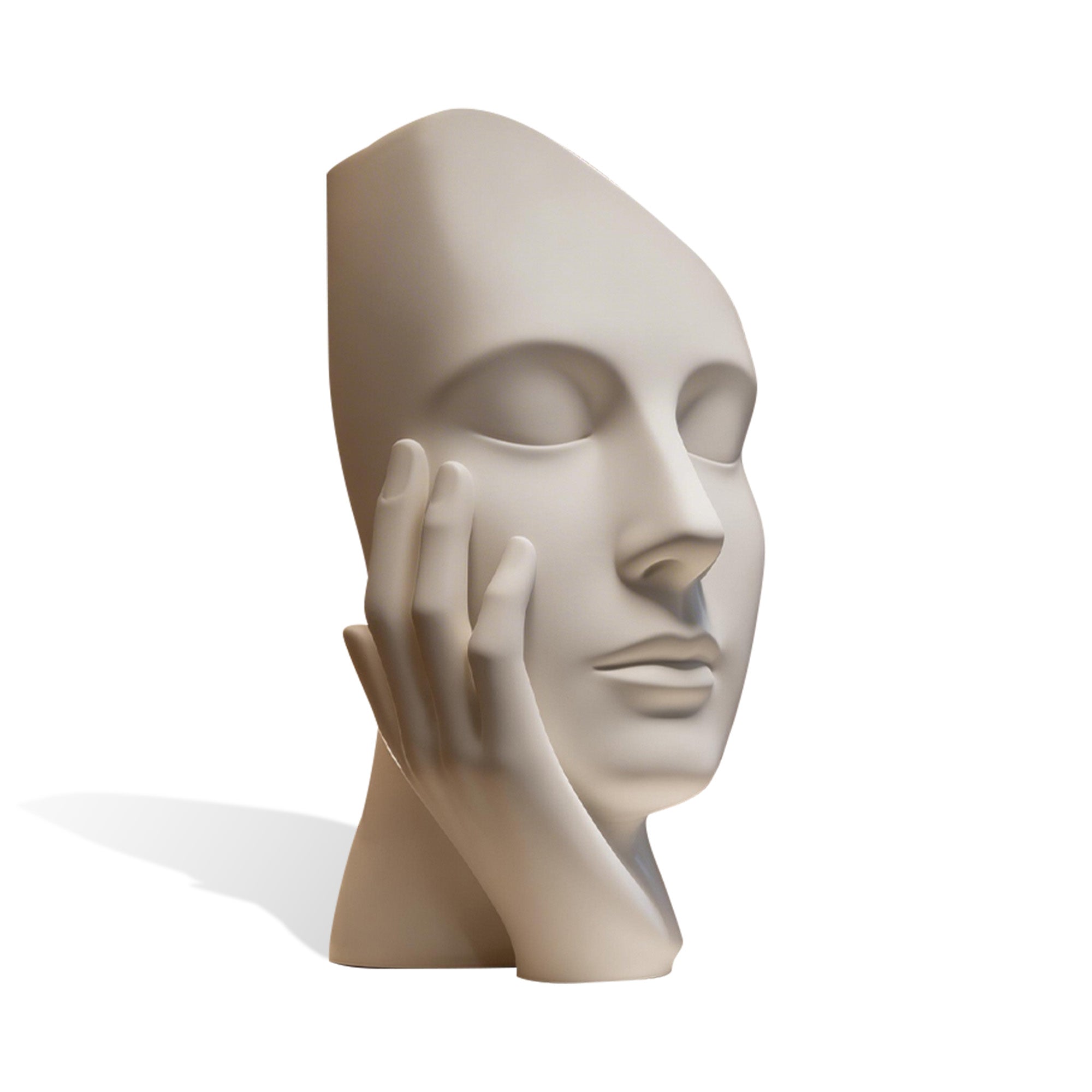 Abstract marble portrait bust featuring a calm face and sculpted hand-on-cheek gesture for contemporary interiors, meditation spaces, art collections, and hotel decor