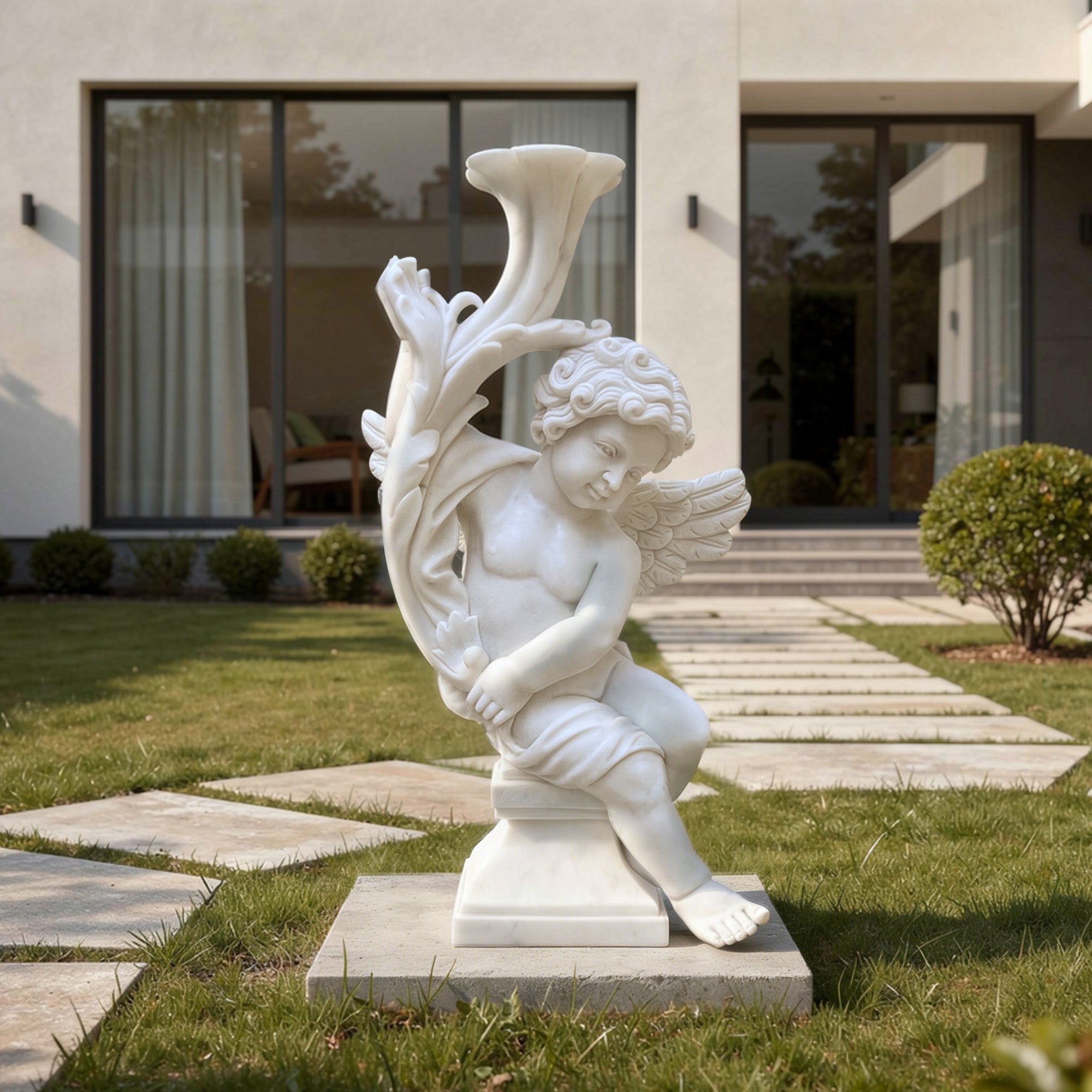 White marble cherub angel statue with a floral horn displayed on a villa lawn as an elegant garden focal point