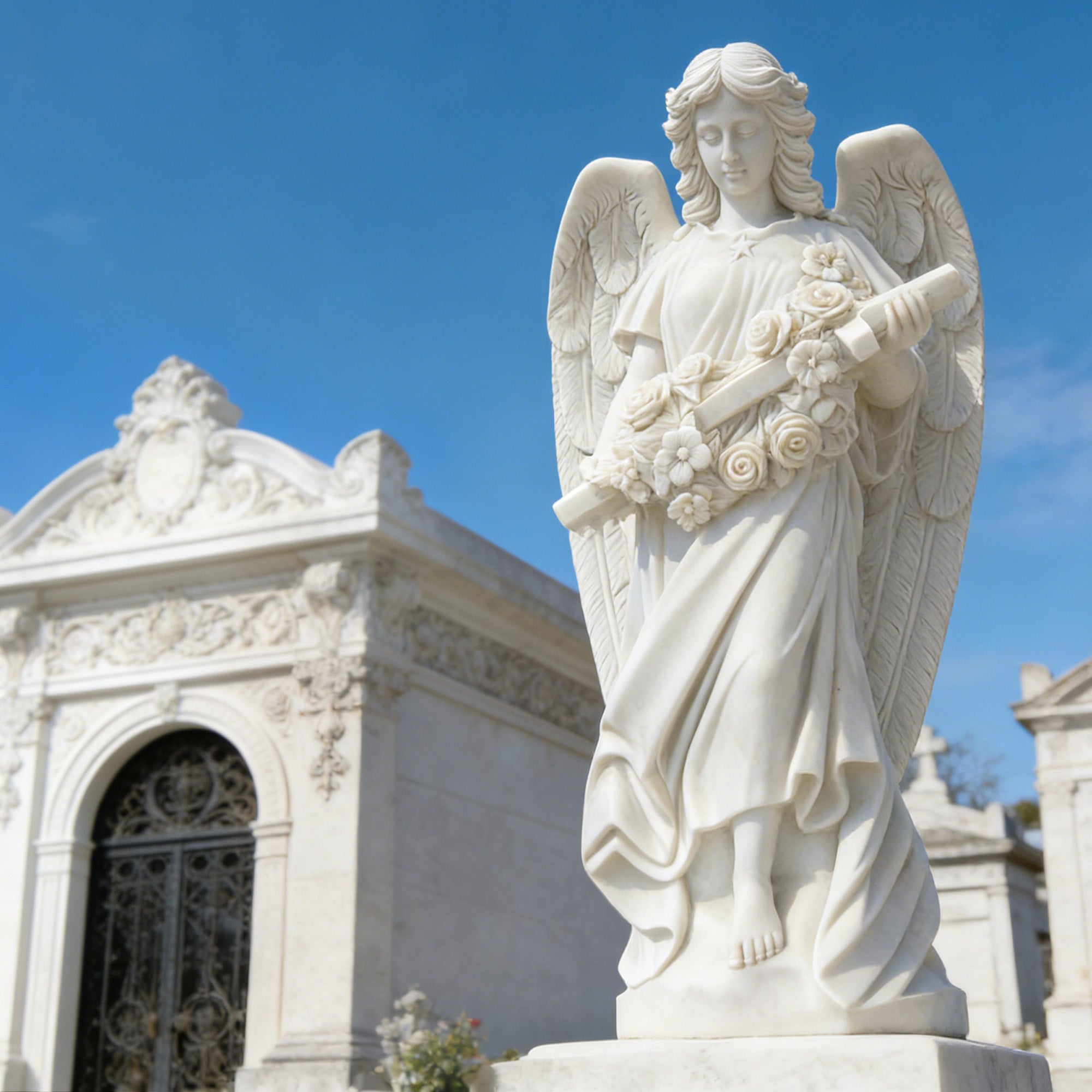 Natural white marble angel statue holding a floral garland displayed beside a mausoleum as a serene cemetery memorial and remembrance sculpture