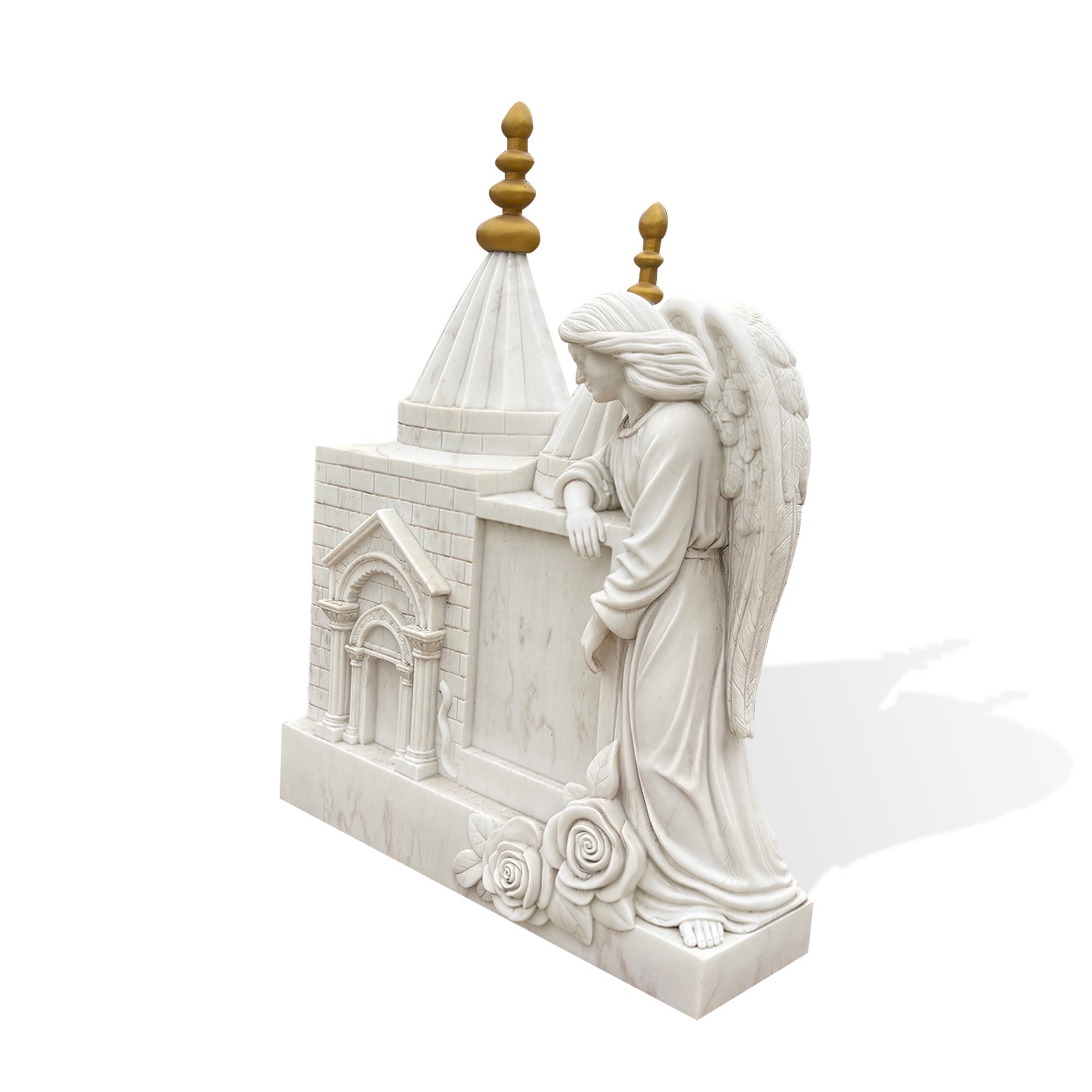 Side view of a solid natural white marble angel chapel headstone with carved roses, architectural details, and a large memorial inscription panel