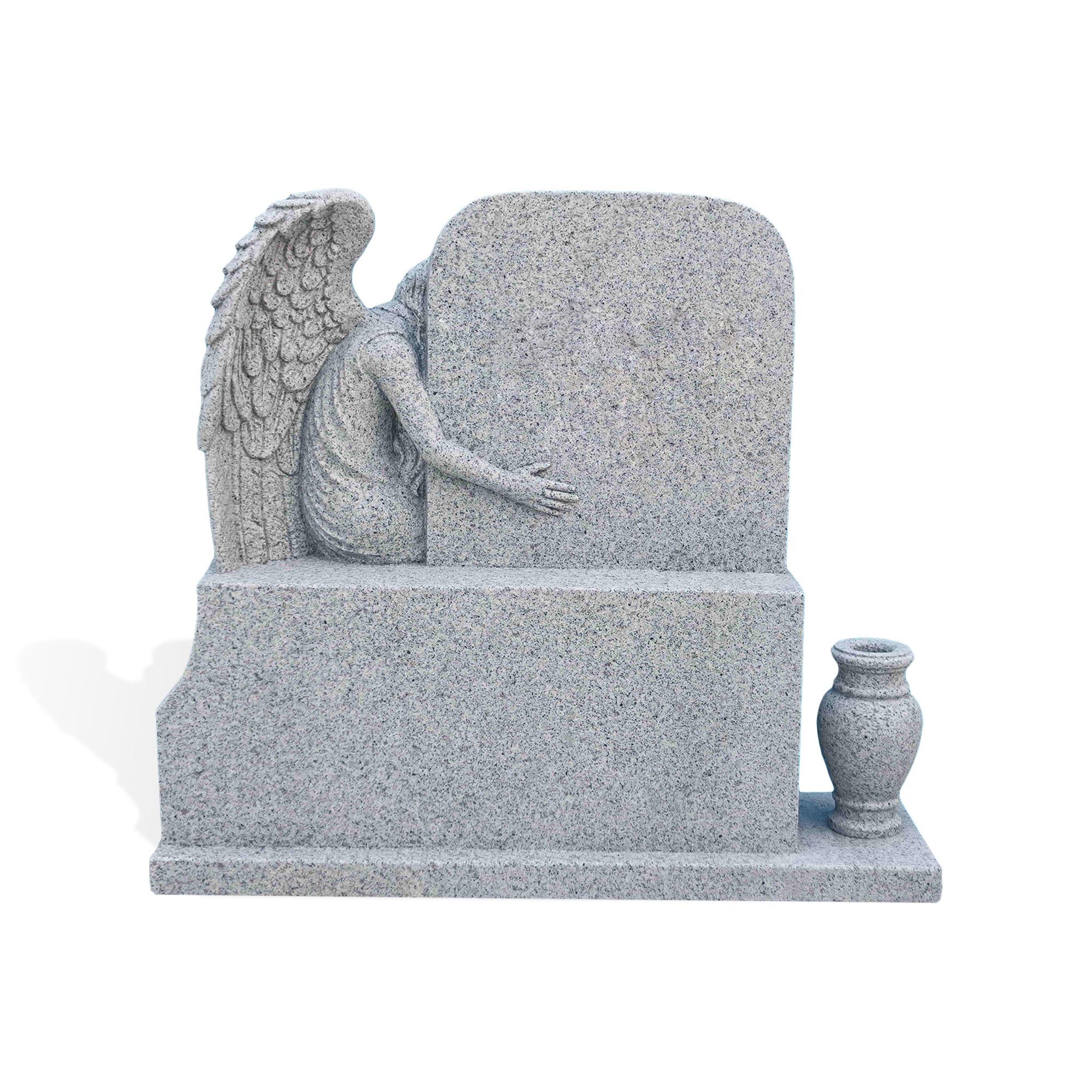 Back panel view of the grey granite angel headstone with a carved angel reaching toward the inscription area and a matching vase