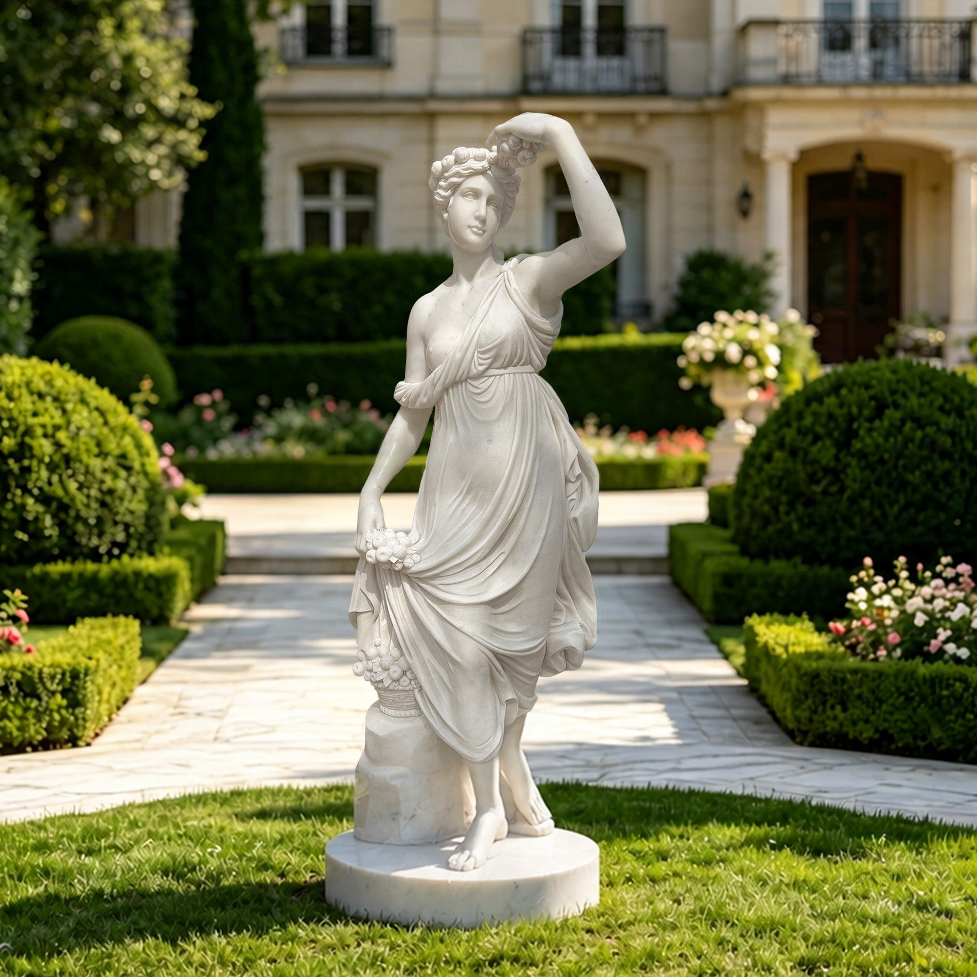 Hand-carved white marble Flora goddess statue with flowers displayed in a formal garden setting