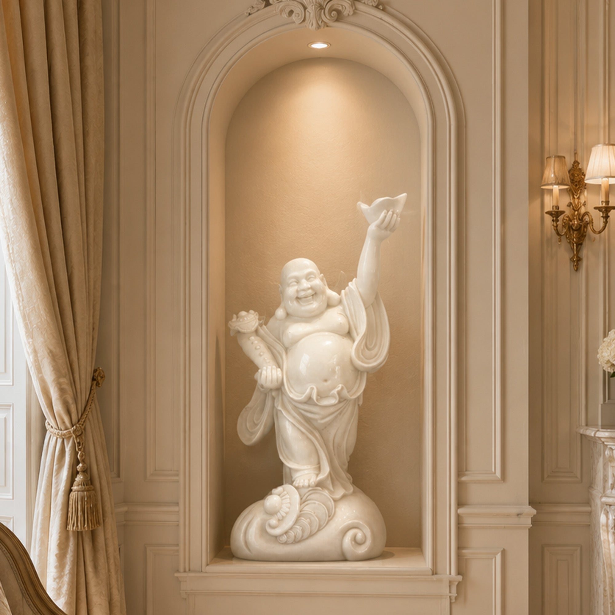 white marble Laughing Buddha statue displayed in a luxury foyer niche as a welcoming prosperity sculpture for interior decor