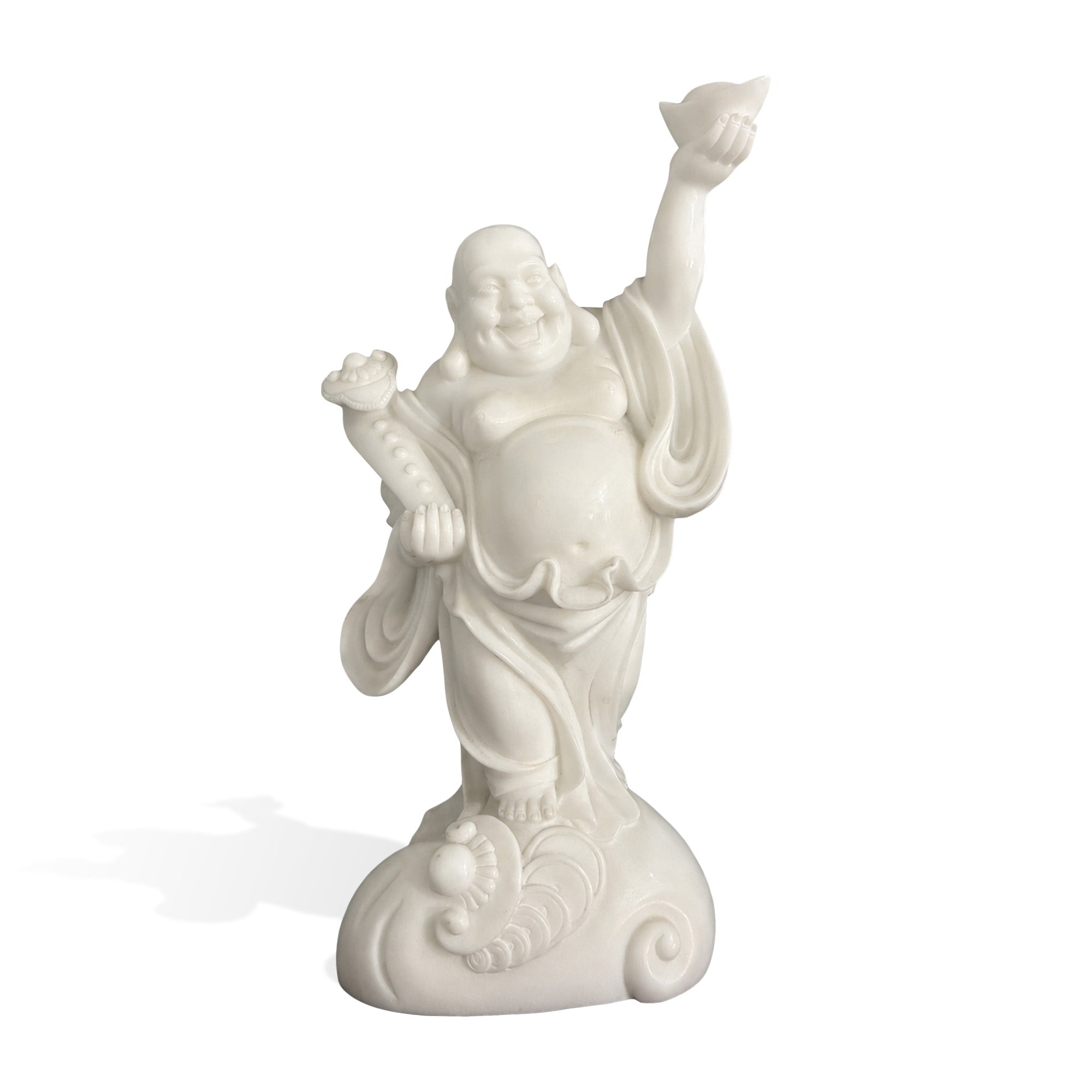 Front view of a natural white marble Laughing Buddha statue with a smiling expression, raised wealth ingot, auspicious ornament, and carved wave base