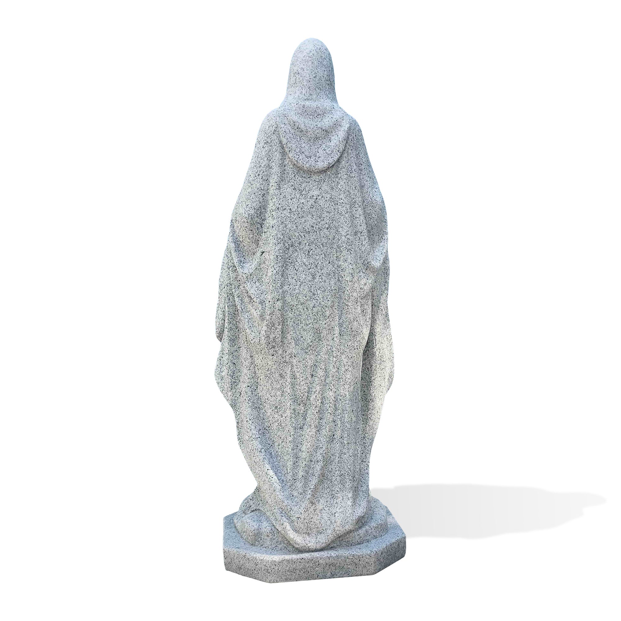 Back view of a natural grey granite Mary statue showing the carved veil, long robe folds, and solid stone craftsmanship