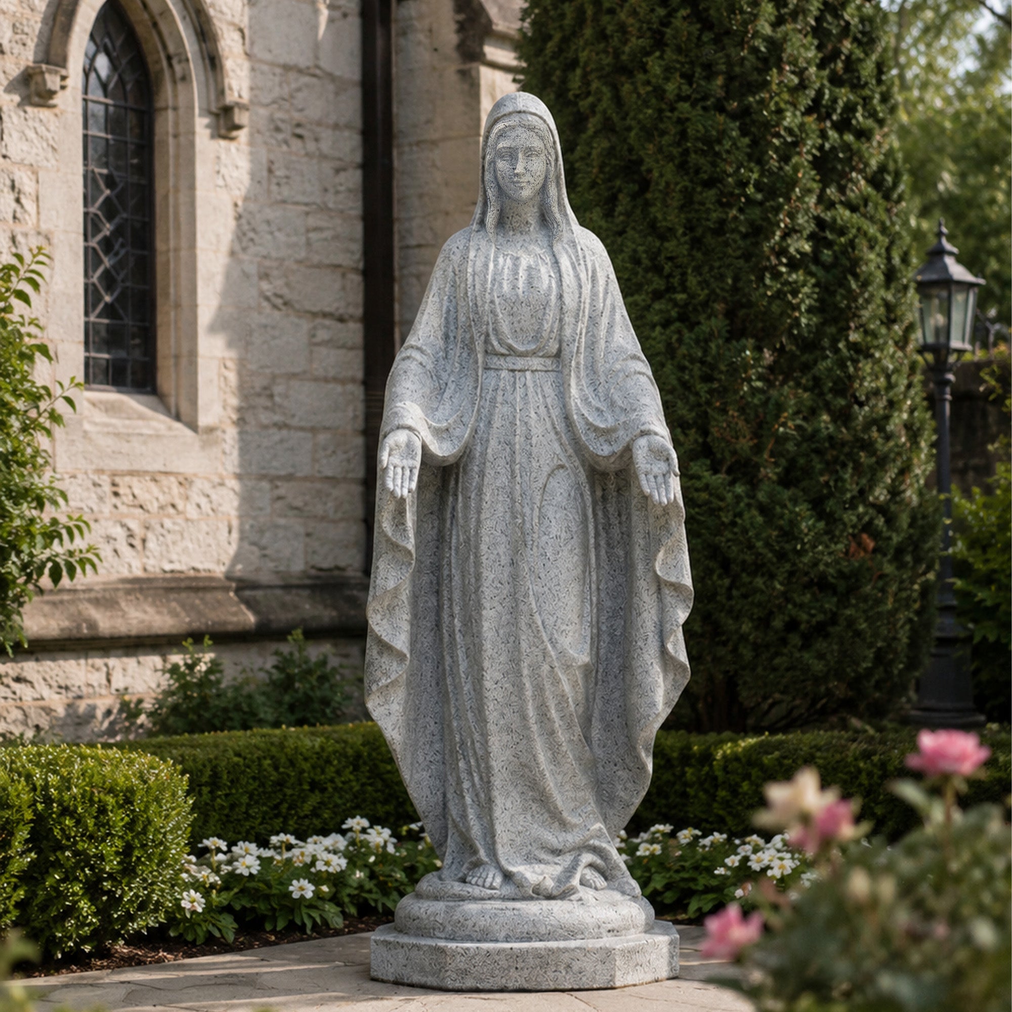 Natural grey granite Virgin Mary statue displayed in a church garden with open hands and flowing robes for Catholic outdoor decor