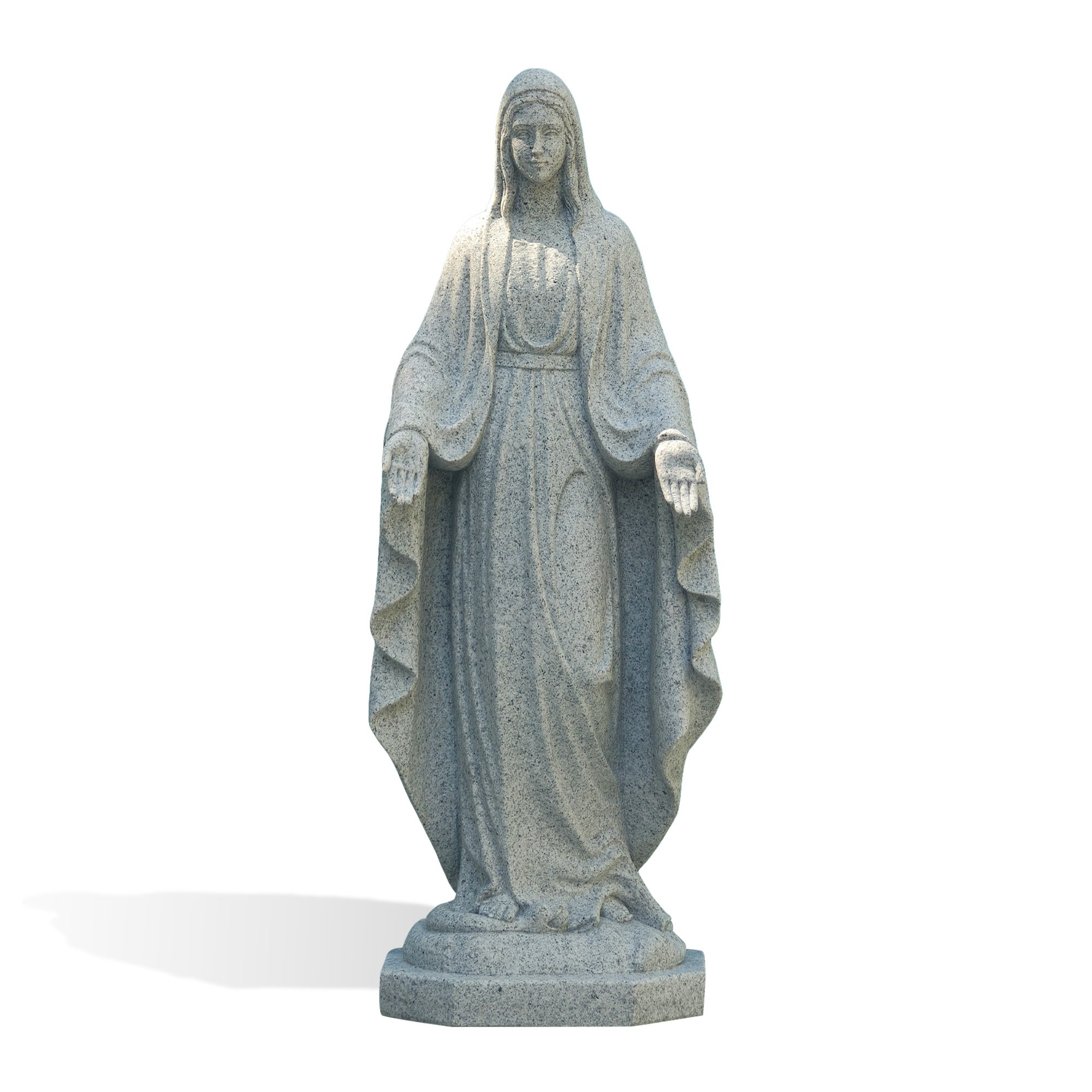 Front view of a natural grey granite Virgin Mary statue with open hands, flowing robe, and a serene devotional expression