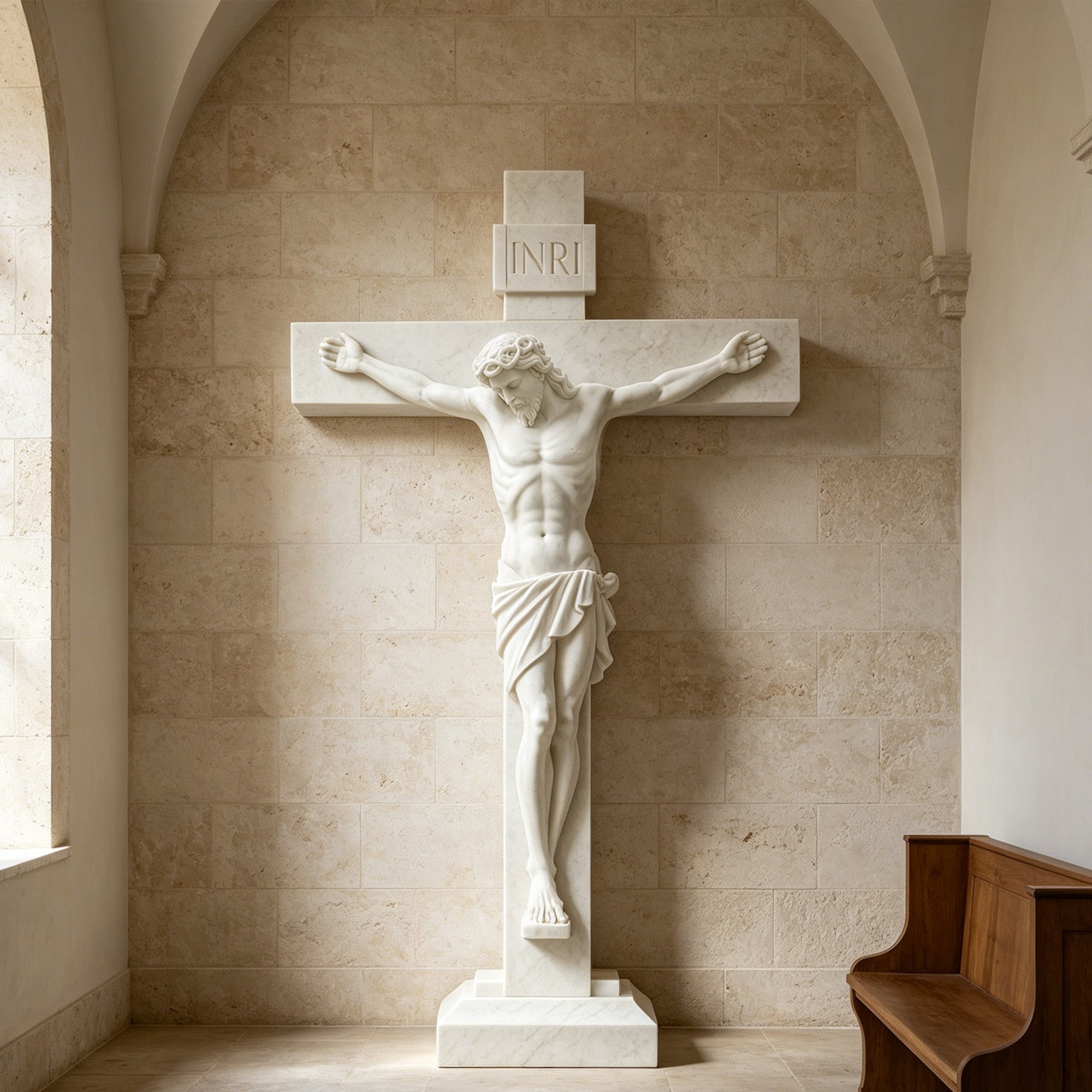 Front view of a natural white marble Jesus crucifix cross sculpture installed inside a chapel, showcasing realistic craftsmanship, elegant proportions, and sacred Christian symbolism.