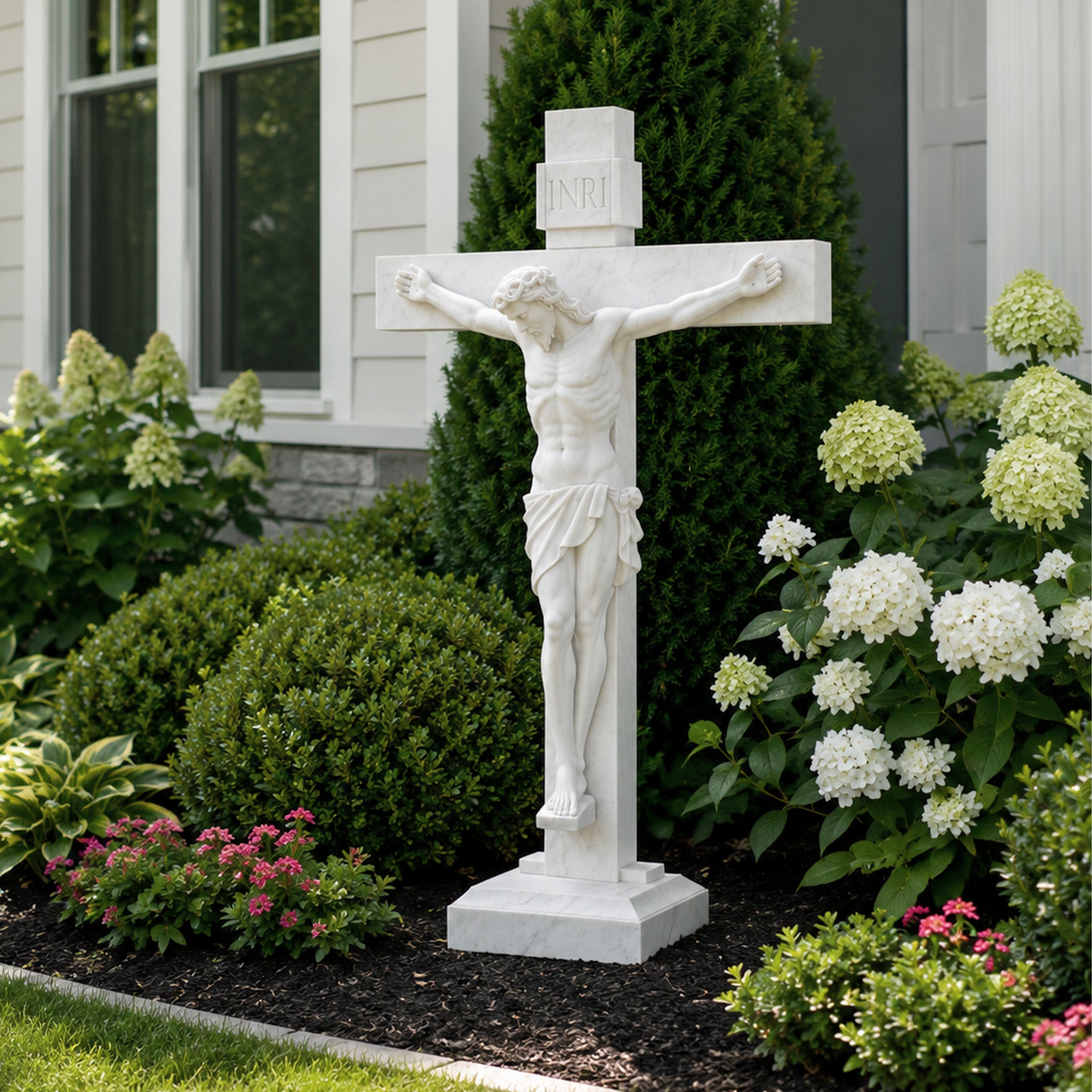 White marble Jesus crucifix sculpture displayed in a landscaped residential garden