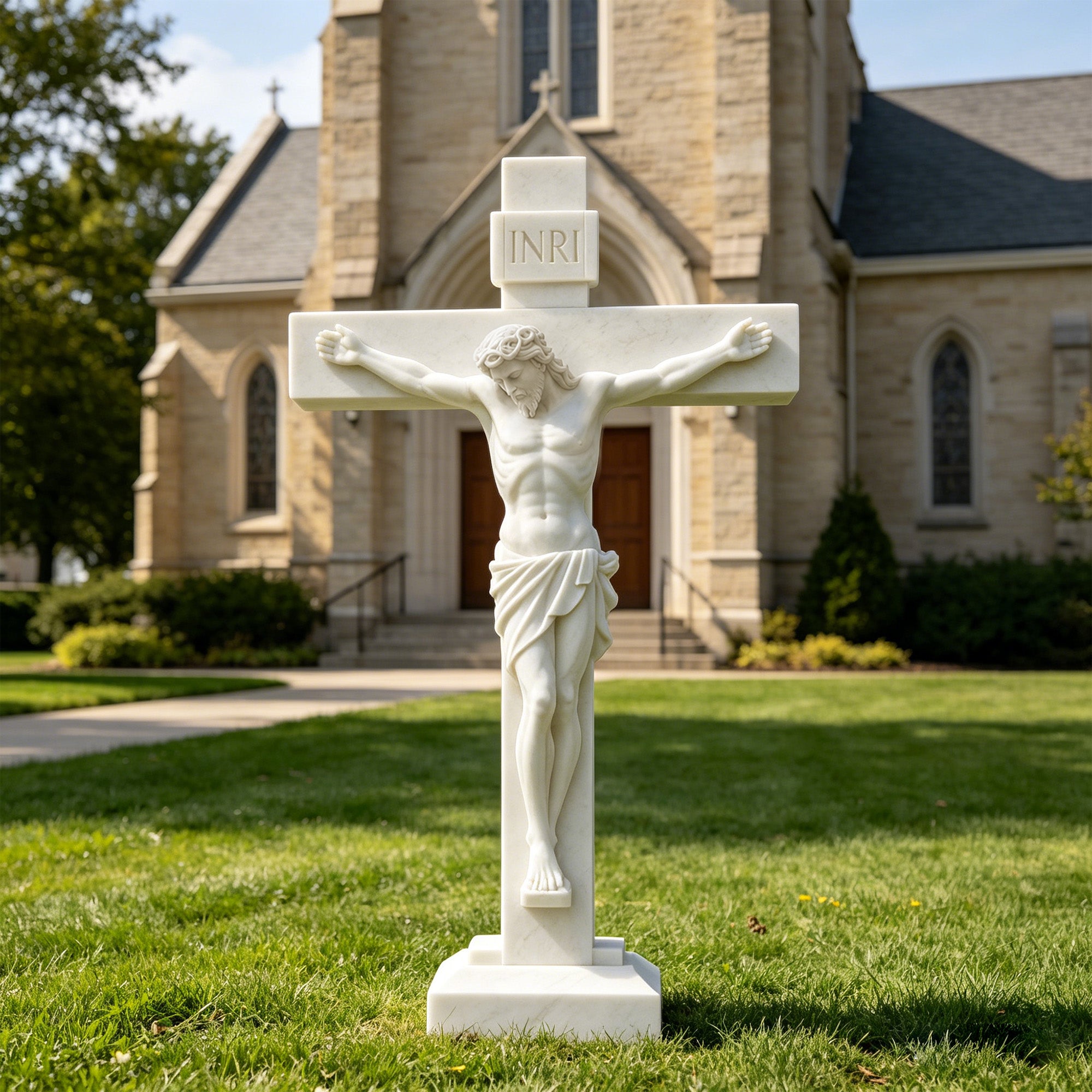 Front view of a natural white marble Jesus crucifix cross sculpture displayed on a church lawn, featuring detailed carving of Christ with outstretched arms and INRI inscription.