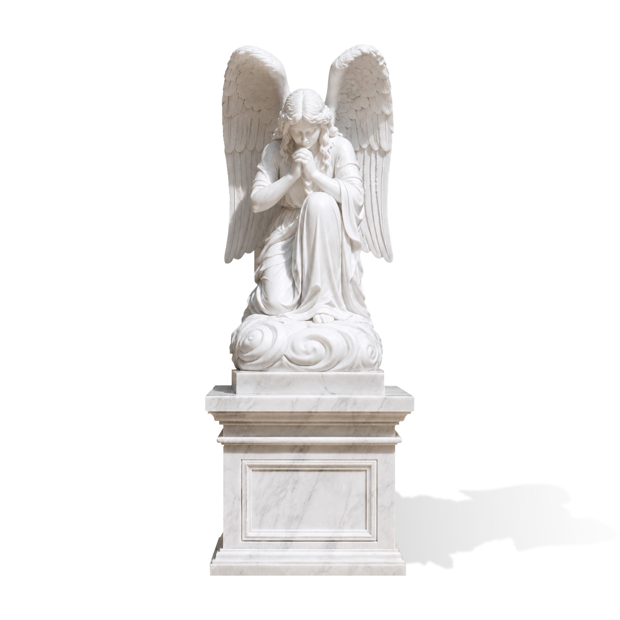 Front view of a hand-carved natural white marble praying angel monument with raised wings, cloud-scroll details, and a complete pedestal base for custom engraving