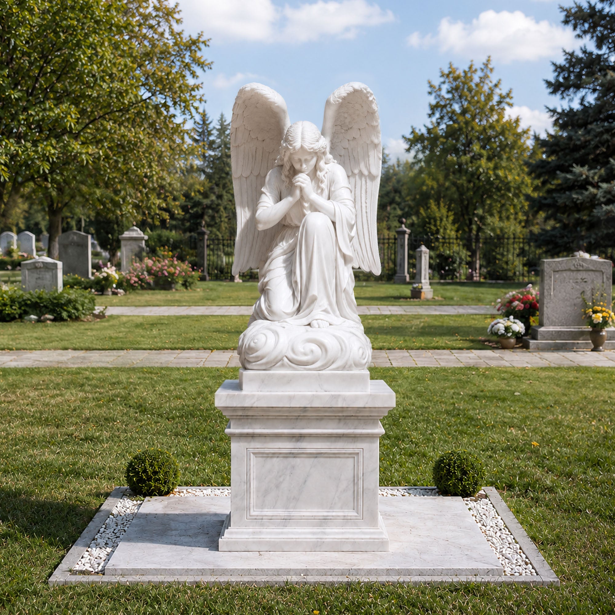 Natural white marble kneeling prayer angel statue with feathered wings, carved cloud base, and inscription pedestal installed in a landscaped memorial garden
