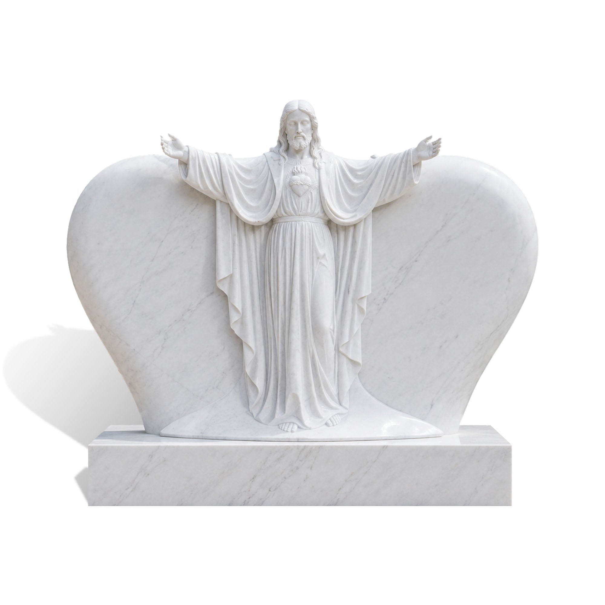 Front view of a natural white marble Sacred Heart of Jesus memorial monument with extended arms, detailed robe folds, heart-shaped background, and solid base