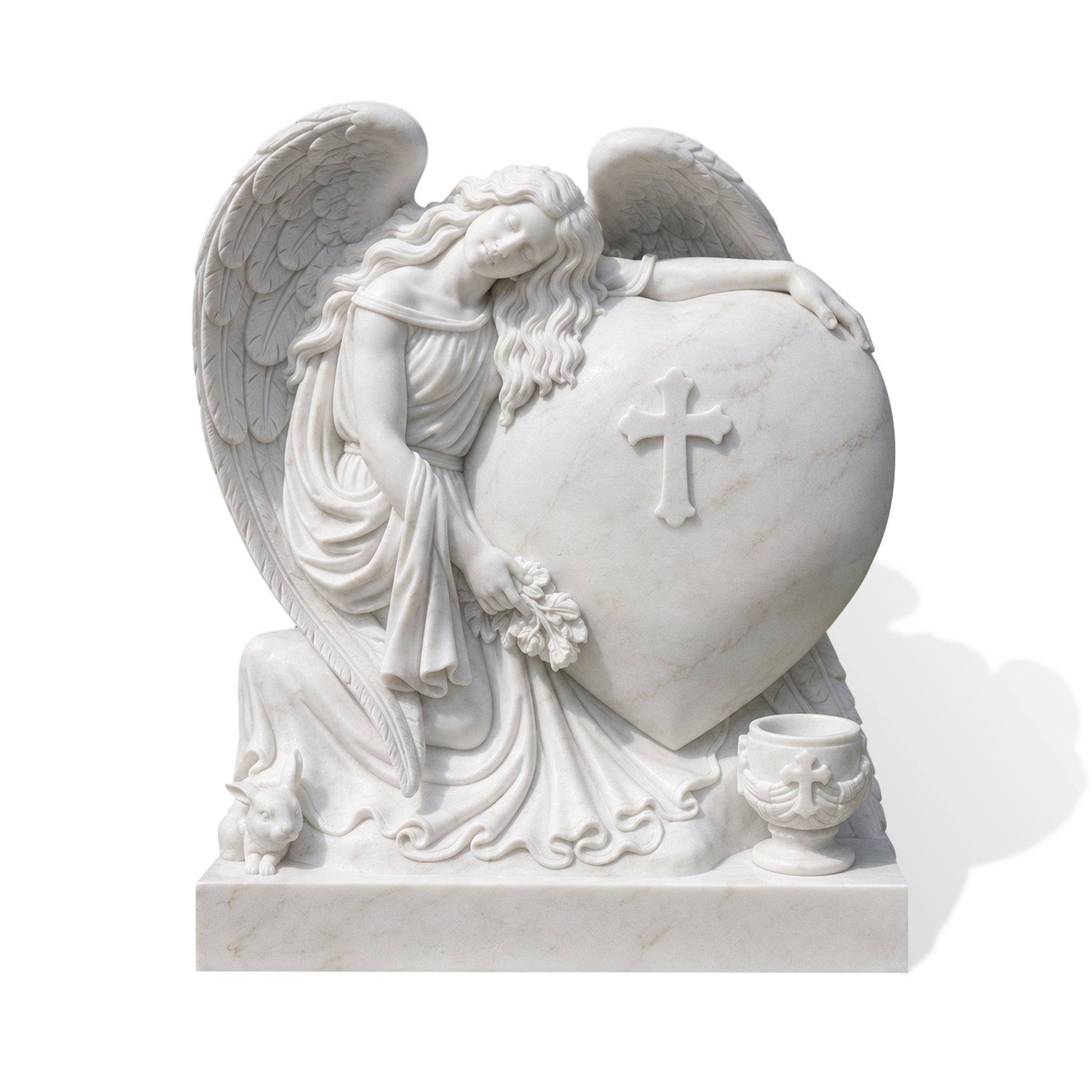FINEST Natural White Marble Angel Memorial Sculpture with Heart and Cross Hand-Carved Remembrance Garden Statue FM-203