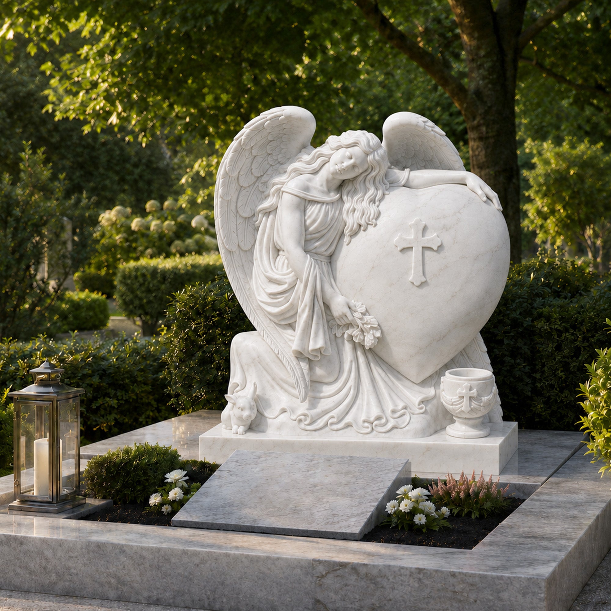 FINEST Natural White Marble Angel Memorial Sculpture with Heart and Cross Hand-Carved Remembrance Garden Statue FM-203