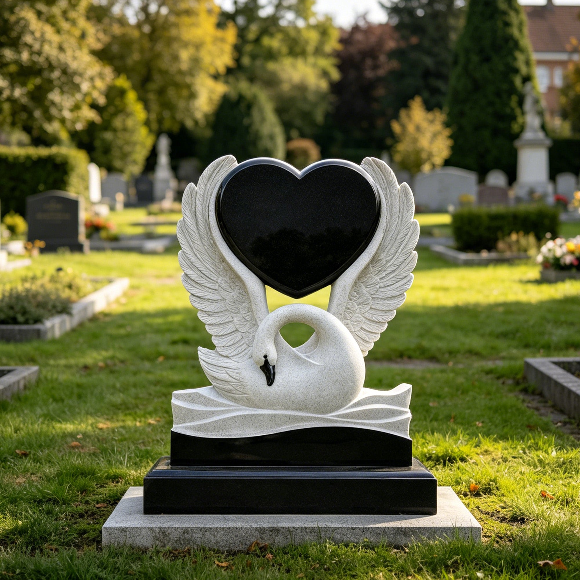Sesame white and black granite swan heart memorial monument displayed in a landscaped garden, featuring a black heart inscription panel and carved swan wing detail