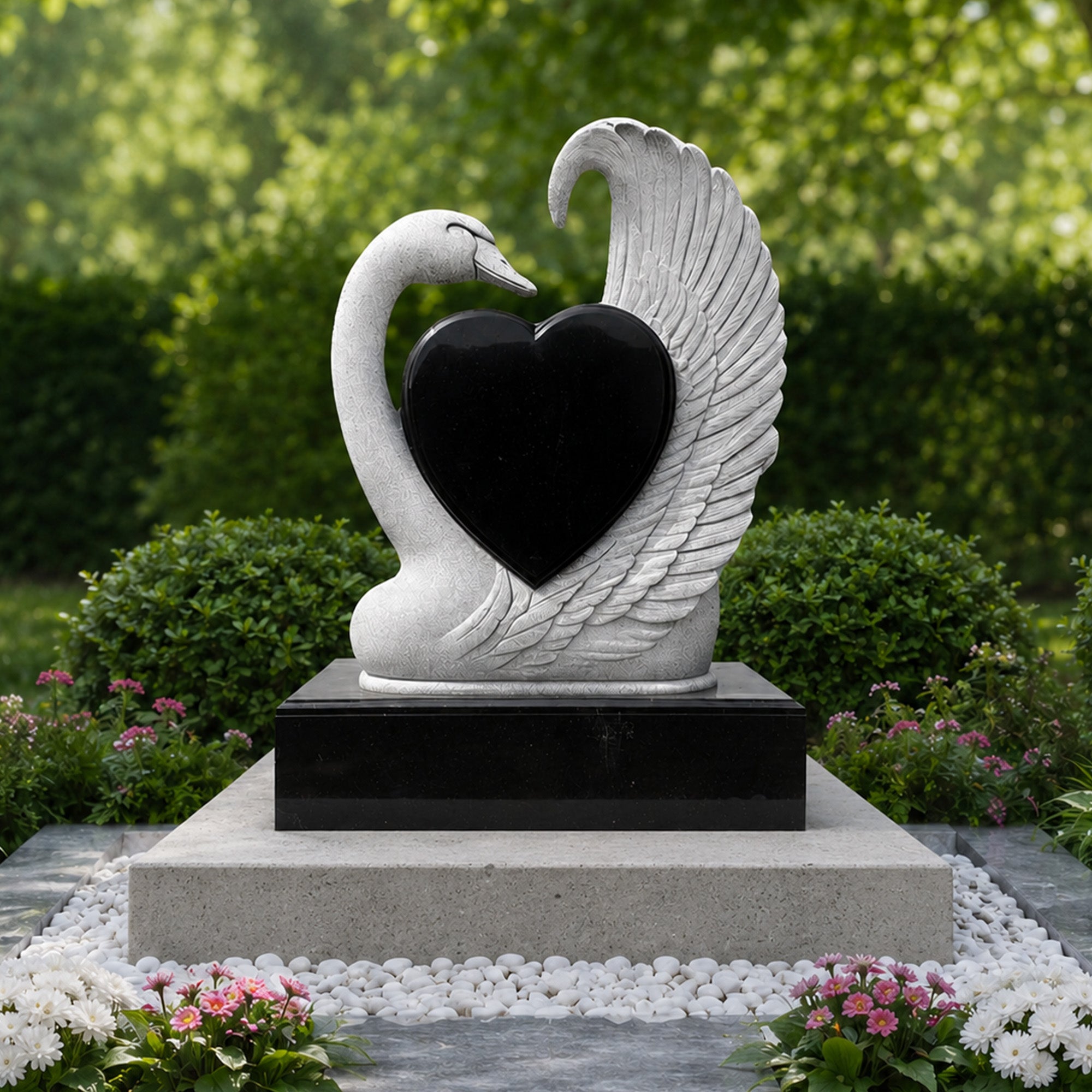 Swan heart memorial monument in natural gray granite and natural black granite, displayed in a landscaped cemetery garden with carved swan wing detail