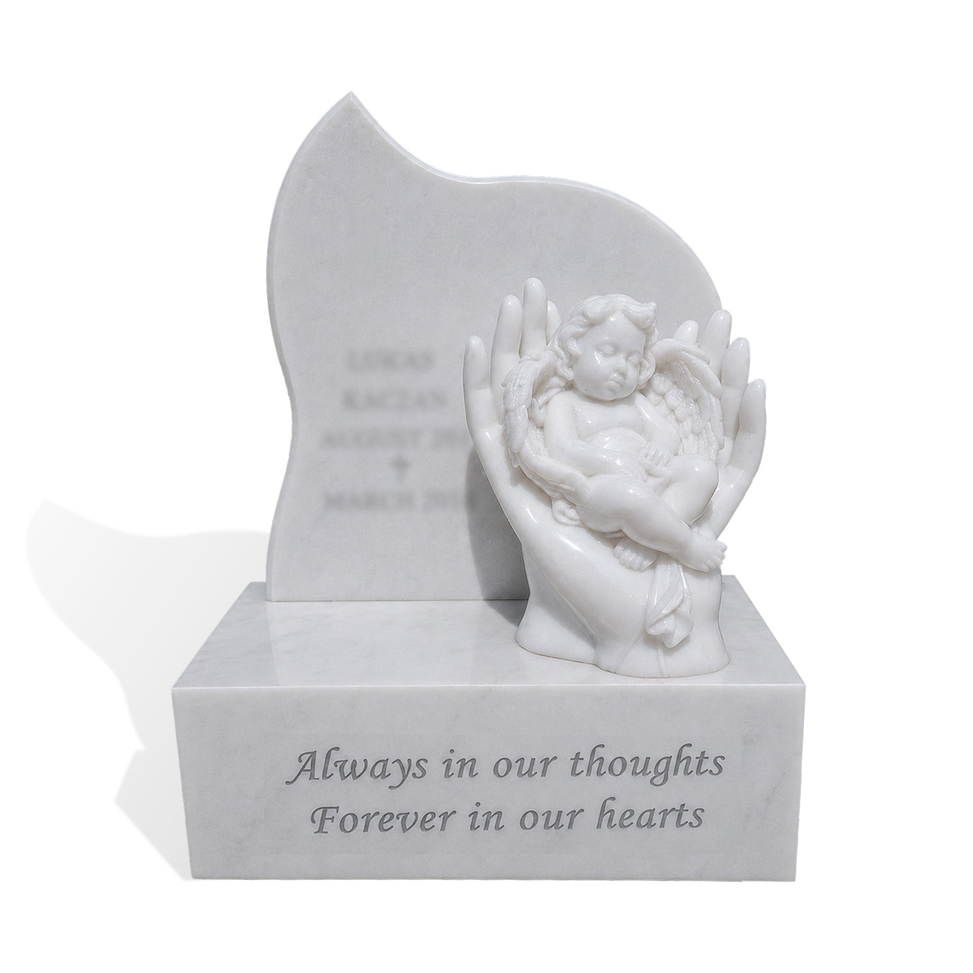 Sleeping baby angel marble headstone with guardian hands, handcrafted white marble children memorial grave marker for cemetery and garden remembrance