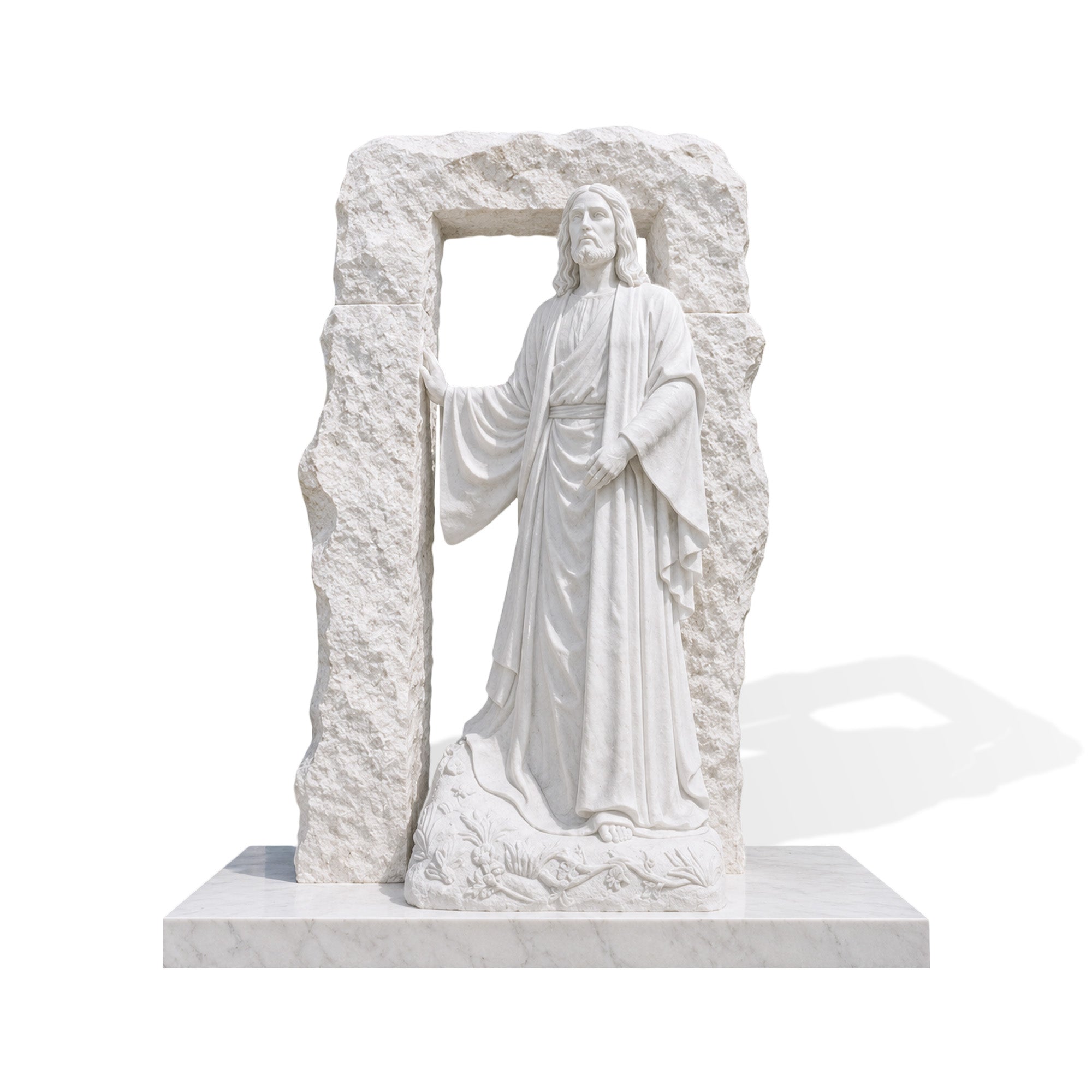 Natural white marble Resurrected Christ statue standing at a rough stone gate with flowing robes and open tomb symbolism